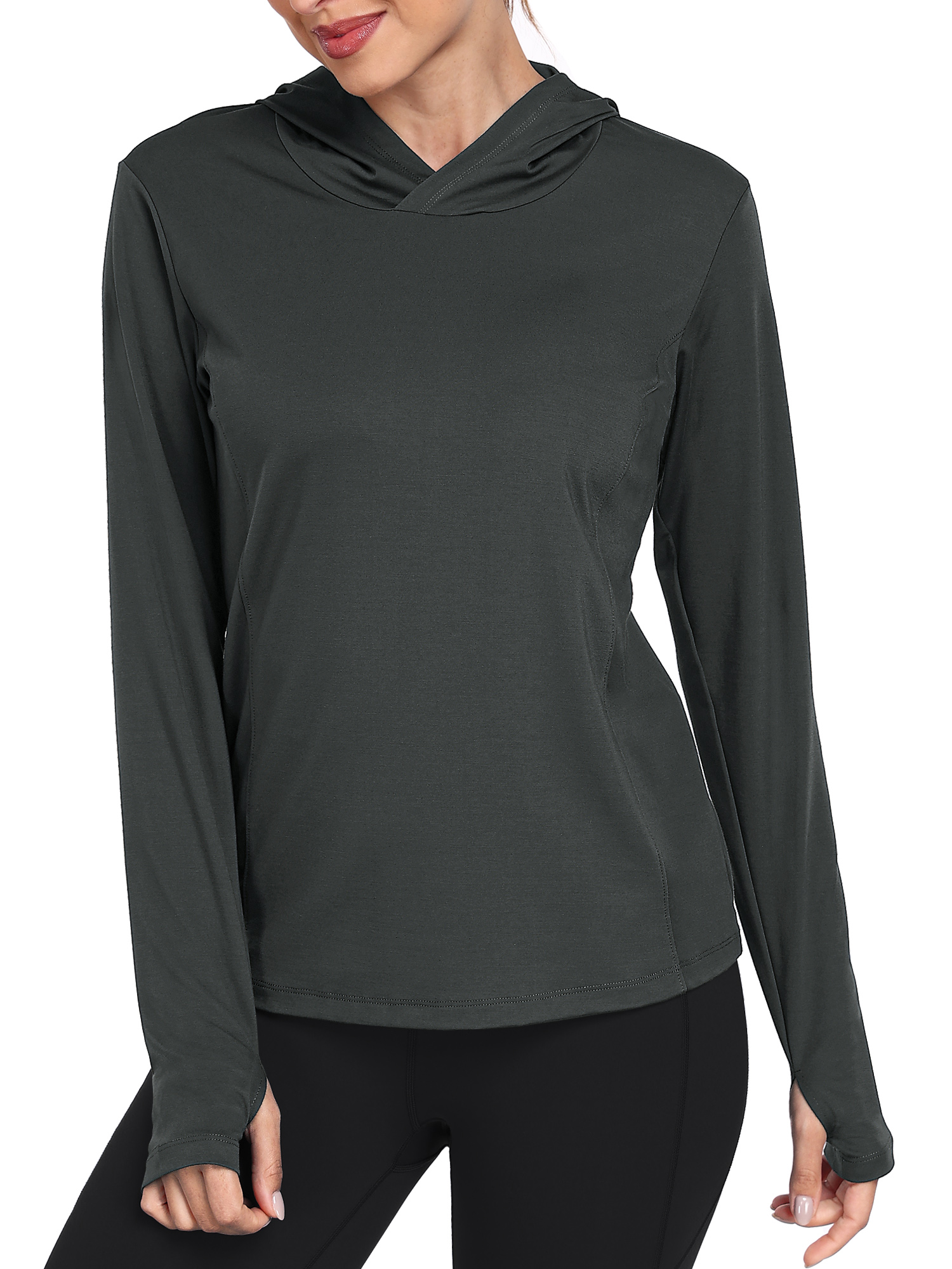 thumbnail video image 2 of Cadmus Women's Workout Long Sleeve shirts Sun Protection Dry Fit Athletic Running Tops Hooded with Thumb Hole,Grey,X-Large, 2 of 5