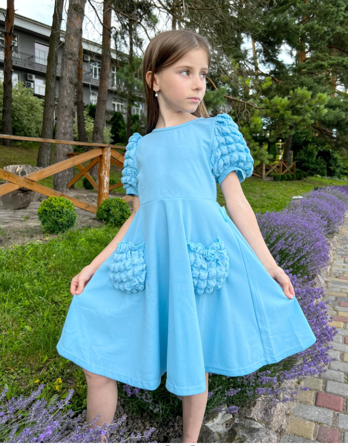 thumbnail video image 2 of Girls Dress Blue Solid Color Ruffle Puff Short Sleeve 3D Pocket Casual 6 Years, 2 of 9