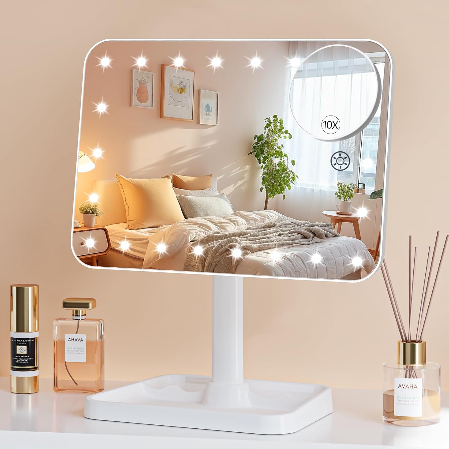 thumbnail video image 2 of Funtouch 9" x 6.5" Lighted Makeup Mirror with 1X / 10X Magnification, Dimming Touch Sensor, Portable Travel, Black, 2 of 10