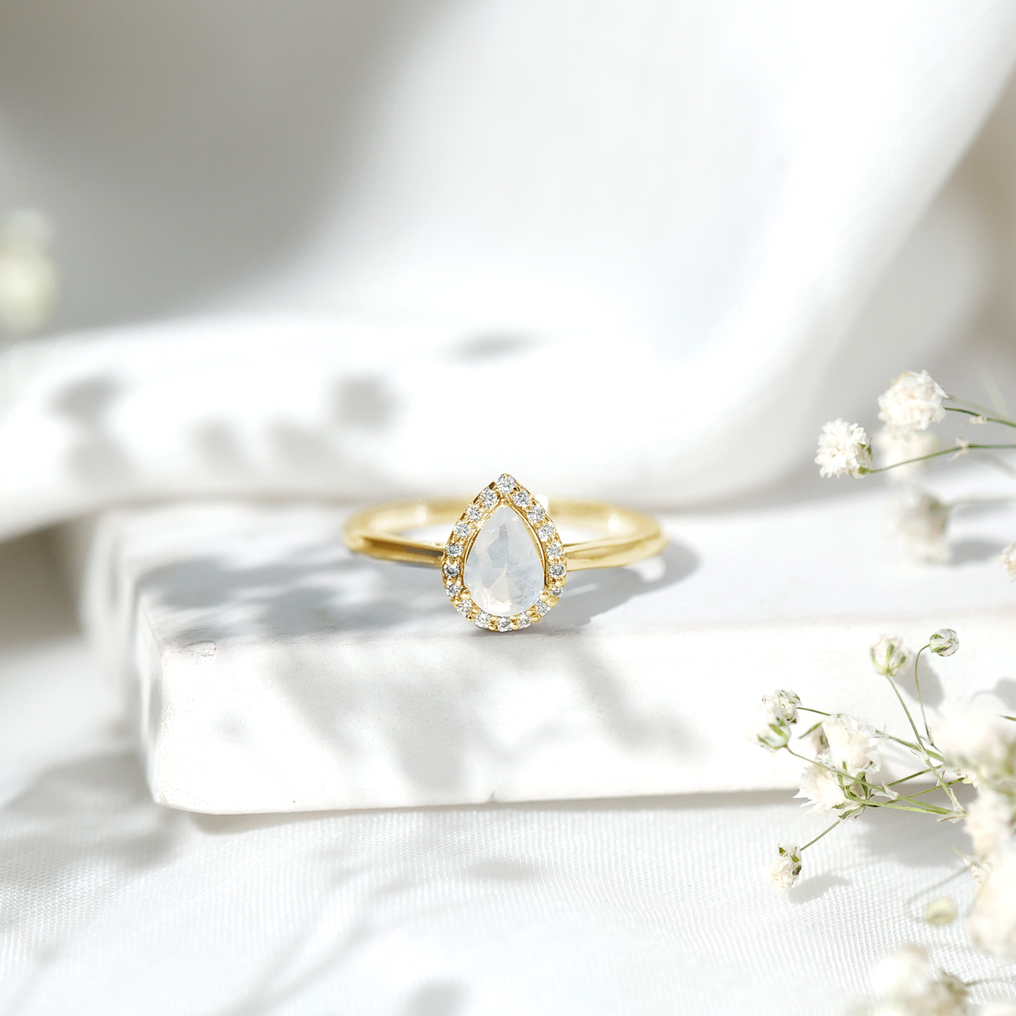 thumbnail video image 2 of Rosec Jewels Moonstone Teardrop Ring with Diamond Halo (AAA Quality) - Engagement Ring, 925 Sterling Silver, US 4.00, 2 of 9