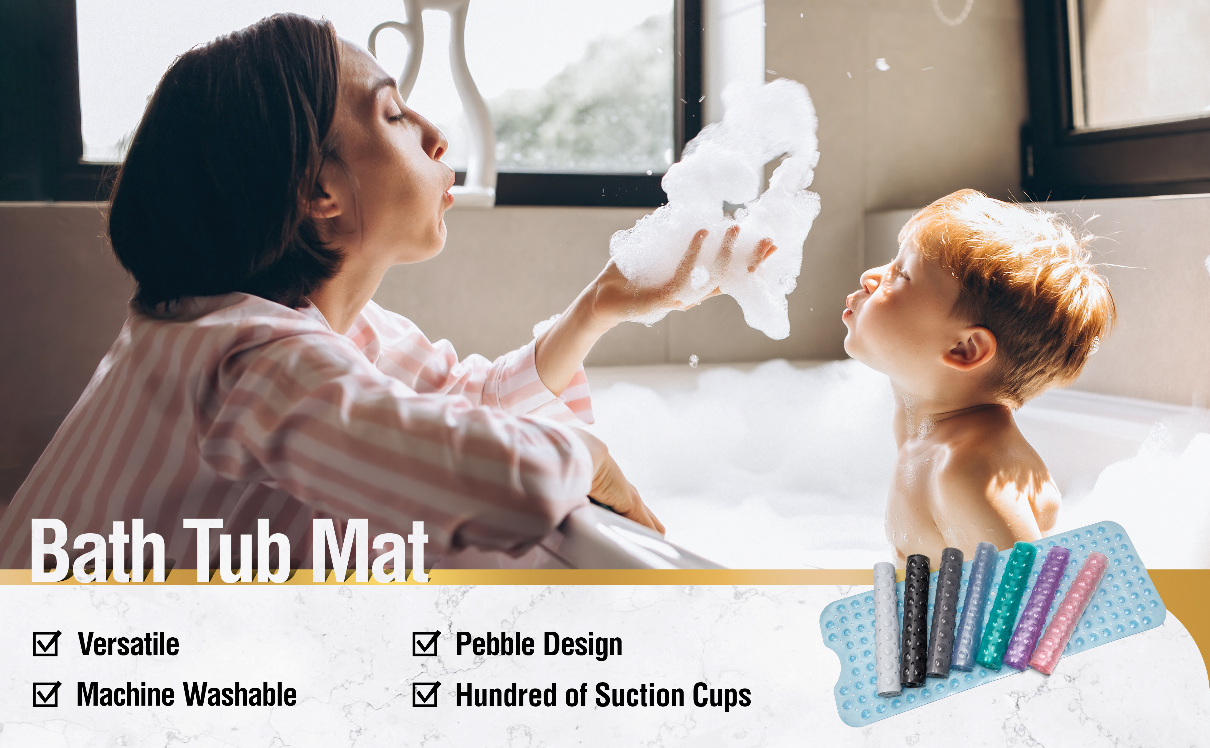 thumbnail video image 2 of HITSLAM Extra Long Bathtub Mat-40x16 Non Slip Shower Mat with Drain Holes and Suction Cups,Machine Washable Bath Mat,Clear Green, 2 of 8