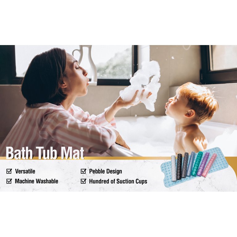 Non-Slip Bathtub Shower Mat - 40x16 Inch Clear Pink Mat With Suction Cups, Latex Free