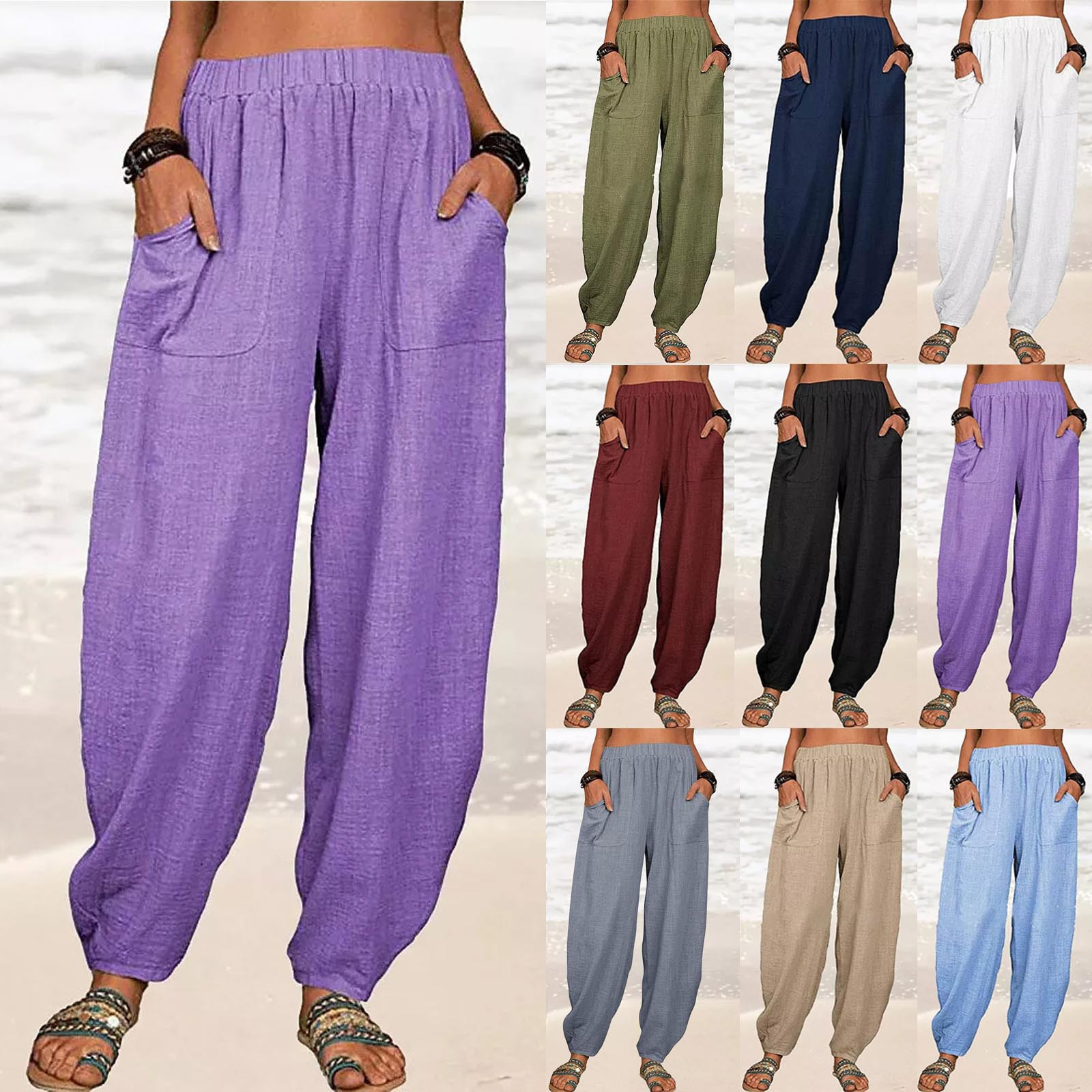 thumbnail video image 2 of WREESH Womens Beach Pants Fashion Summer Casual Loose Cotton and Linen Pocket Solid Trousers Pants Khaki, 2 of 10