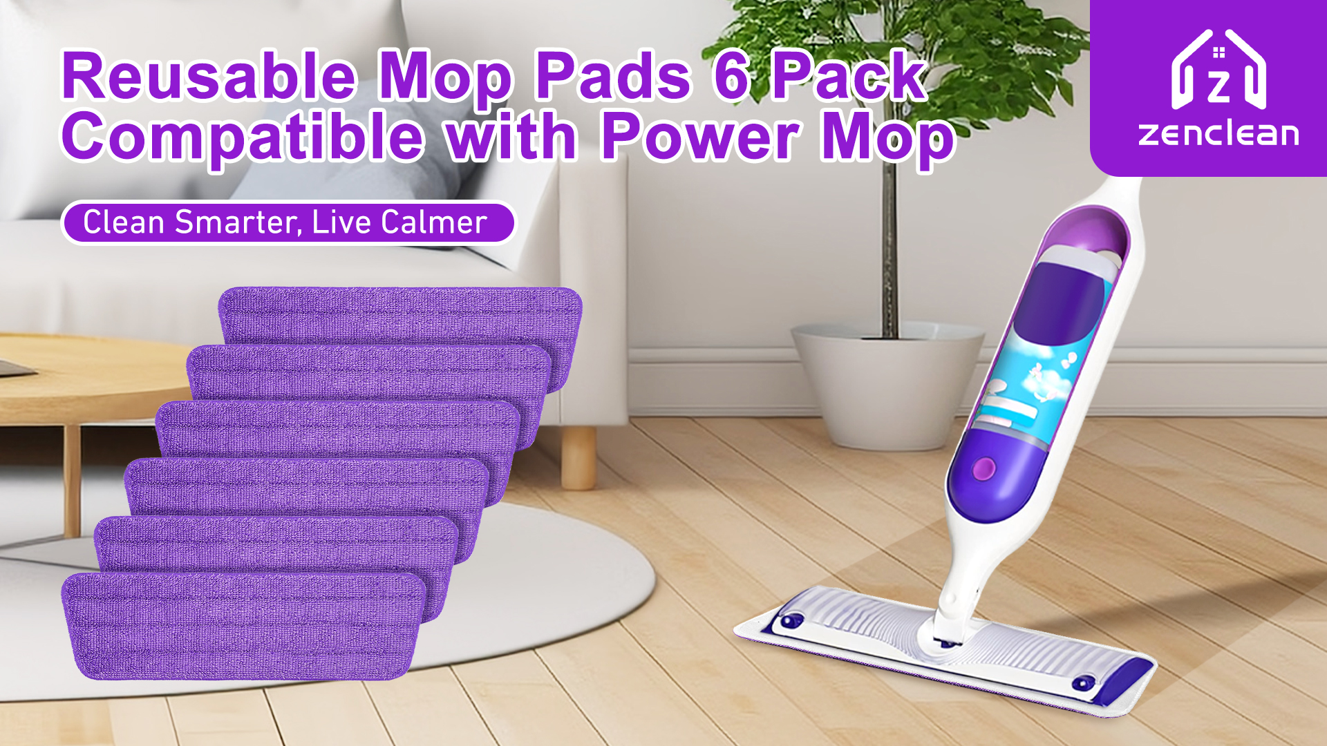 thumbnail video image 2 of ZenClean Reusable Microfiber Mop Pads 6 Pack Compatible with SwifferPower Mop for Wet & Dry Floor Cleaning, 2 of 9