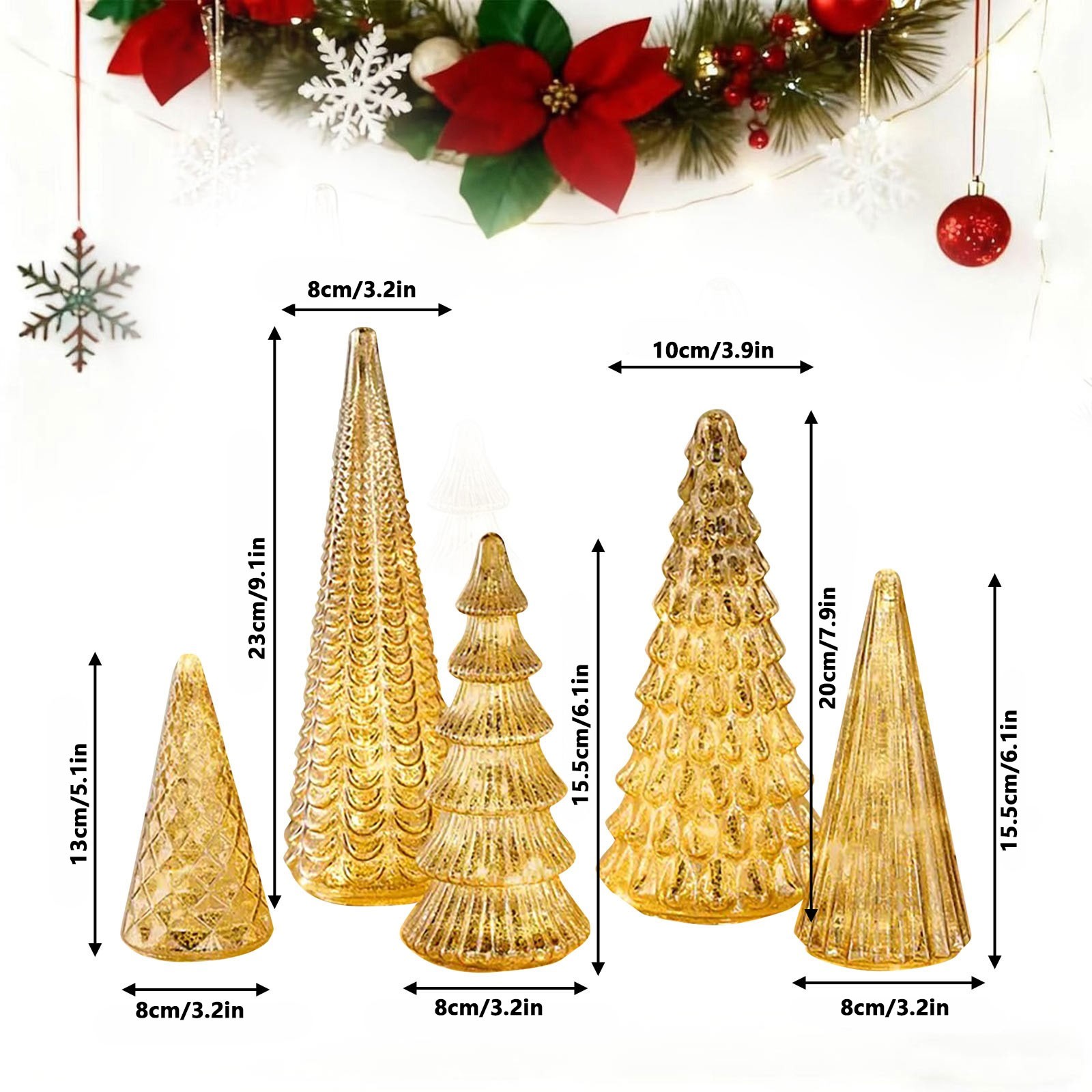 thumbnail video image 2 of Set of 5 Illuminated Mercury plastic Christmas Trees 2026 Upgrade Gold LED Holiday Tree Figurines for Tabletop, Mantel, Shelf, and Festive Centerpiece Décor, 2 of 7