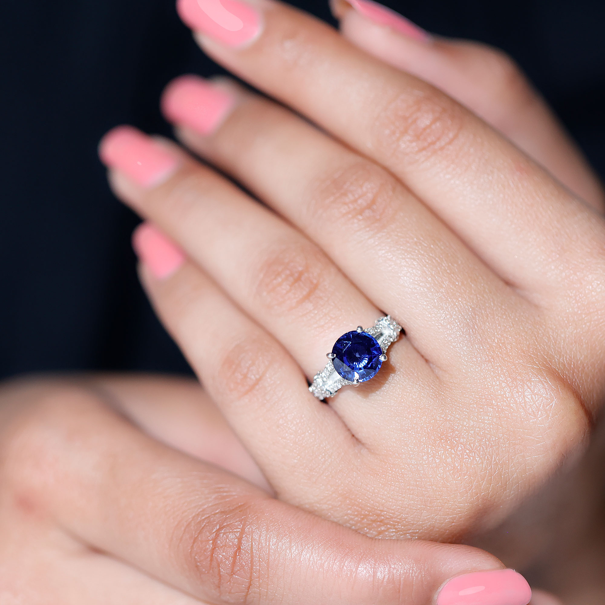 thumbnail video image 2 of Rosec Jewels Certified Lab Grown Blue Sapphire Engagement Ring - 8 mm - AAAA Grade Blue Sapphire Diamond Ring - with Jewelry Box, 14K Yellow Gold, US 9.50, 2 of 8