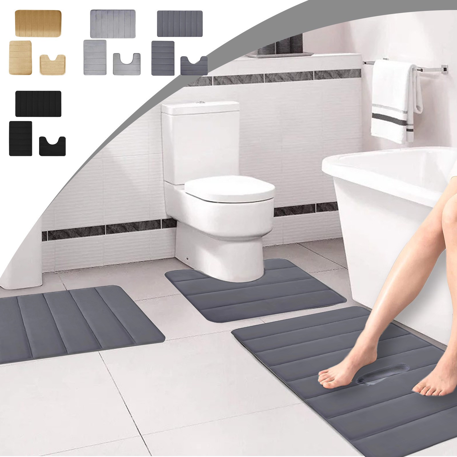 thumbnail video image 2 of 3 Pcs Easy-Clean Foam Bath Mats - Gray Non-Slip Latex Back Bathroom Rugs, Thick Absorbent Toilet Mats, Quick-Dry & Easy Clean, Perfect for Bathroom Vanity, Toilet Side & Daily Use, 2 of 10