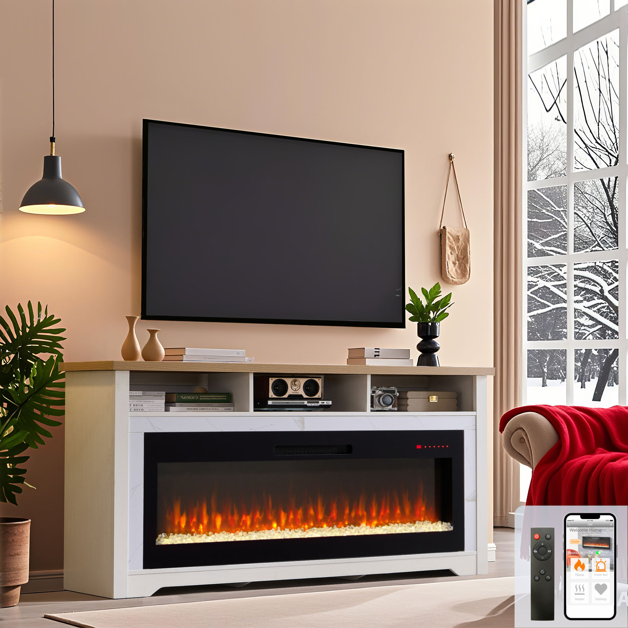 thumbnail video image 2 of Innoflame Fireplace TV Stand for 80" TVs, Entertainment Center w/60 Inch Fireplace, WiFi Enabled, APP/Voice Control, Simulated Marble Surrounded, Open Shelves Storage, White, 2 of 9