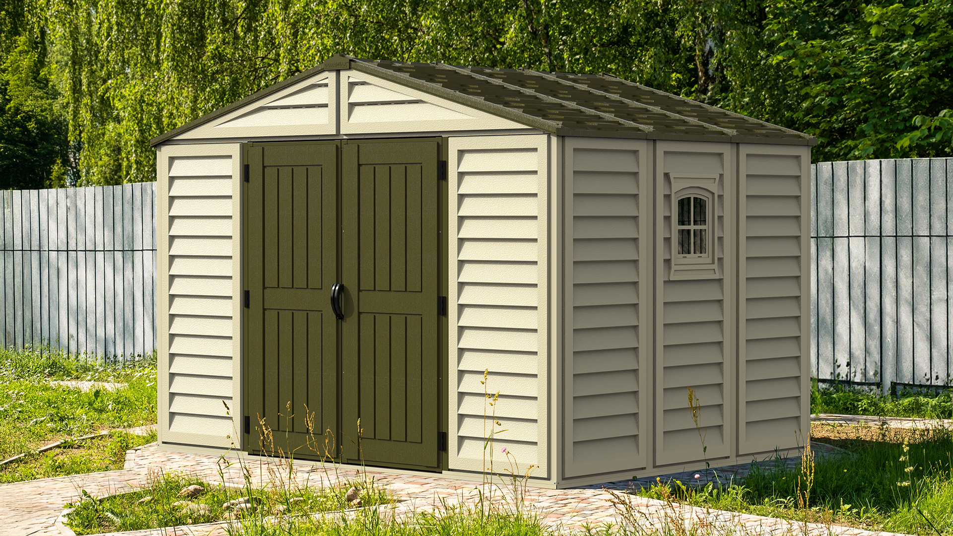 thumbnail video image 2 of DuraMax 10.5 ft x 8ft Woodbridge Plus Plastic Vinyl Shed w/ Foundation Kit & Window, 2 of 22