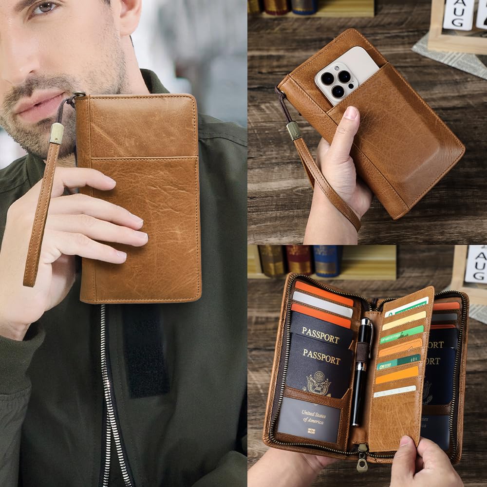 thumbnail video image 2 of Contact's Full Grain Leather 4 slots Passport Holder for Family with RFID Blocking , Passport Wallet for Travel , Brown, 2 of 9