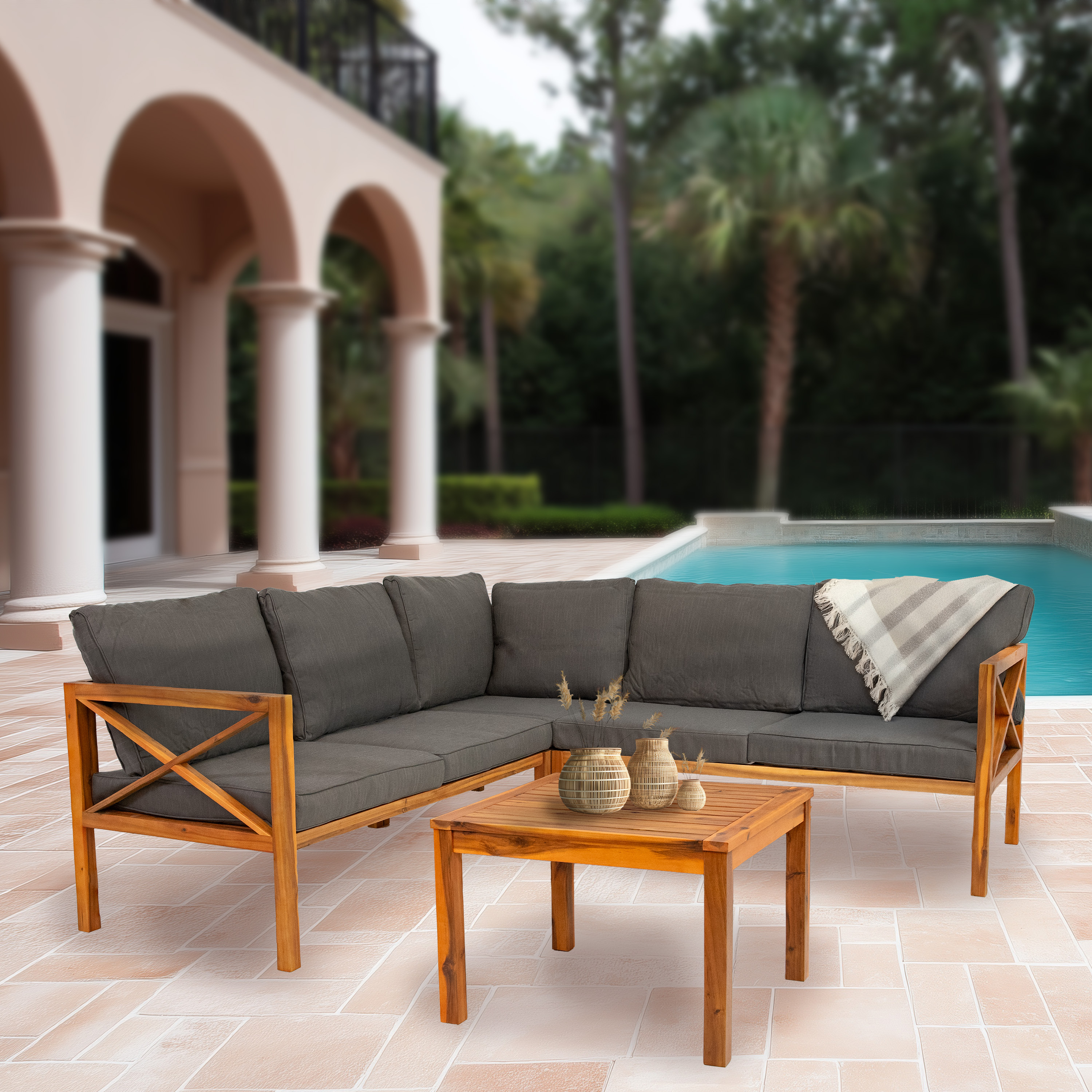 thumbnail video image 2 of Sunnydaze Edisto 3-Piece Acacia Outdoor Conversation Set, Tan/Natural Gray, 2 of 15