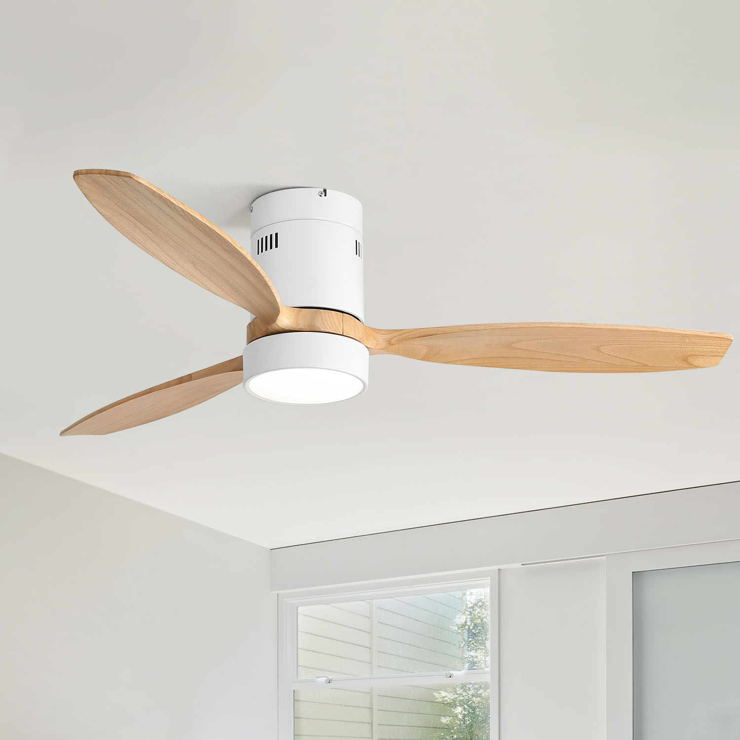 thumbnail video image 2 of Sofucor 52 inch Wood Low Profile White Ceiling Fans with Lights and Remote, Modern Flush Mount Quiet Ceiling Fan for Bedroom, Reversible DC Moto, 2 of 9