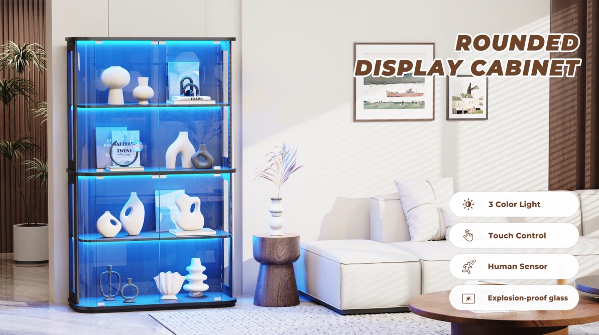 thumbnail video image 2 of BROTTAR Large Display Cabinet with Glass Door, 4-Tier Curio Cabinet with 3 Color Lights for Collectibles, Glass Display Case with Transparent Full-Display Surface, Human Body Sensor, Black, 2 of 9