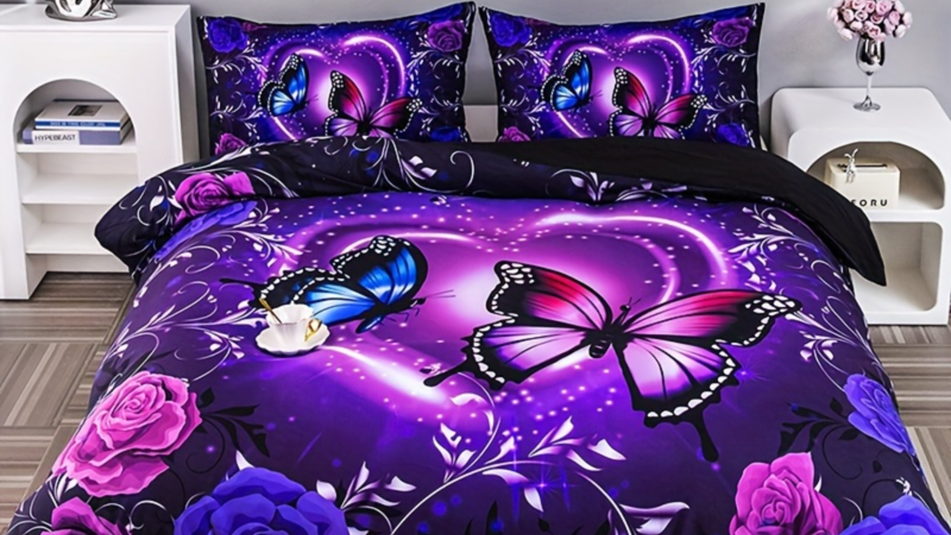 thumbnail video image 2 of Flymme Butterfly Duvet Cover Set Full Size,3 Pieces Dreamy Purple Butterfly Bedding Set for Women Bedroom Decor Romantic Comforter Cover with Pillowcases, 2 of 10