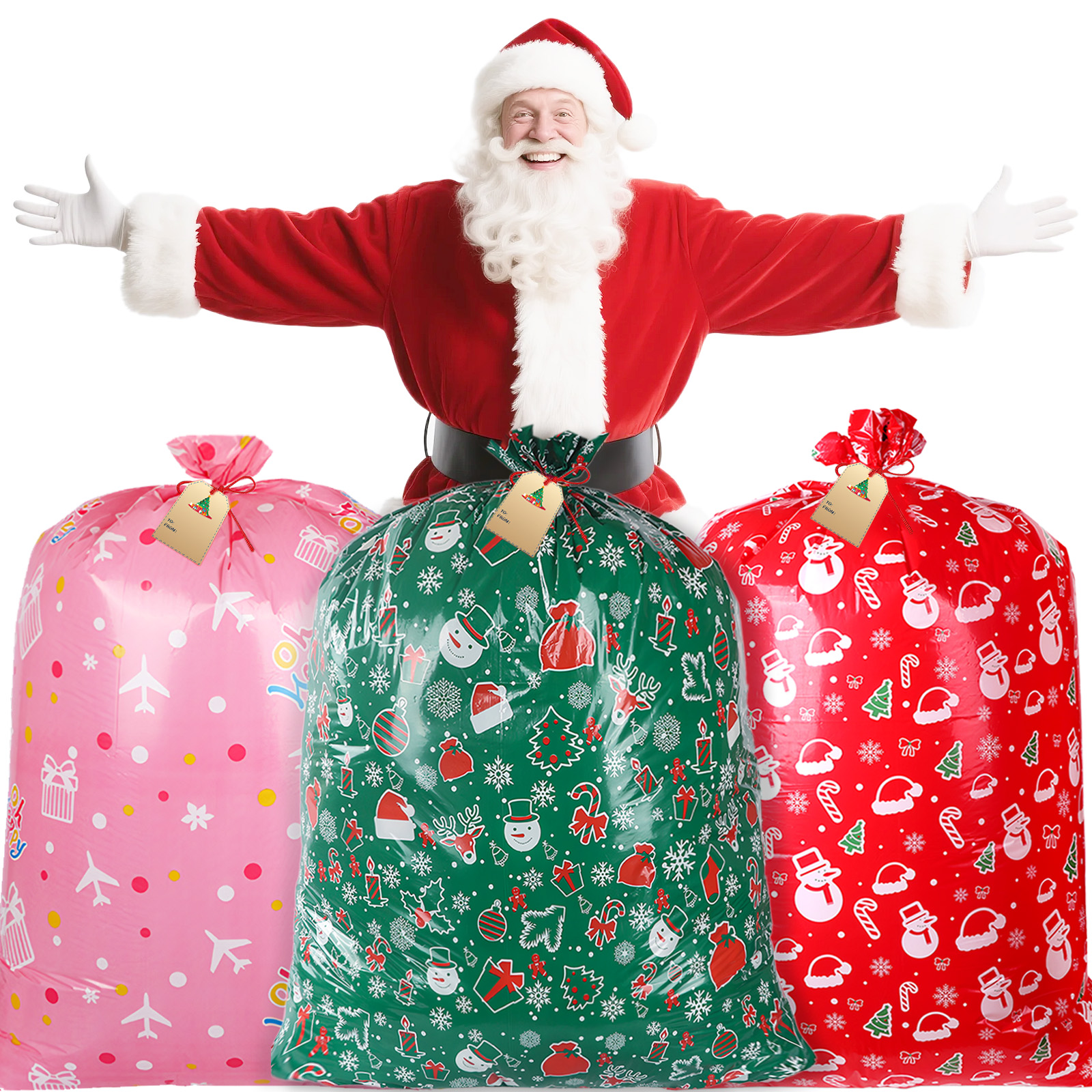 thumbnail video image 2 of Lockways 3 PCS Christmas Giant Gift Bags with Drawstring Santa Claus Christmas Sacks with Tags for Xmas Holiday Present, 2 of 10