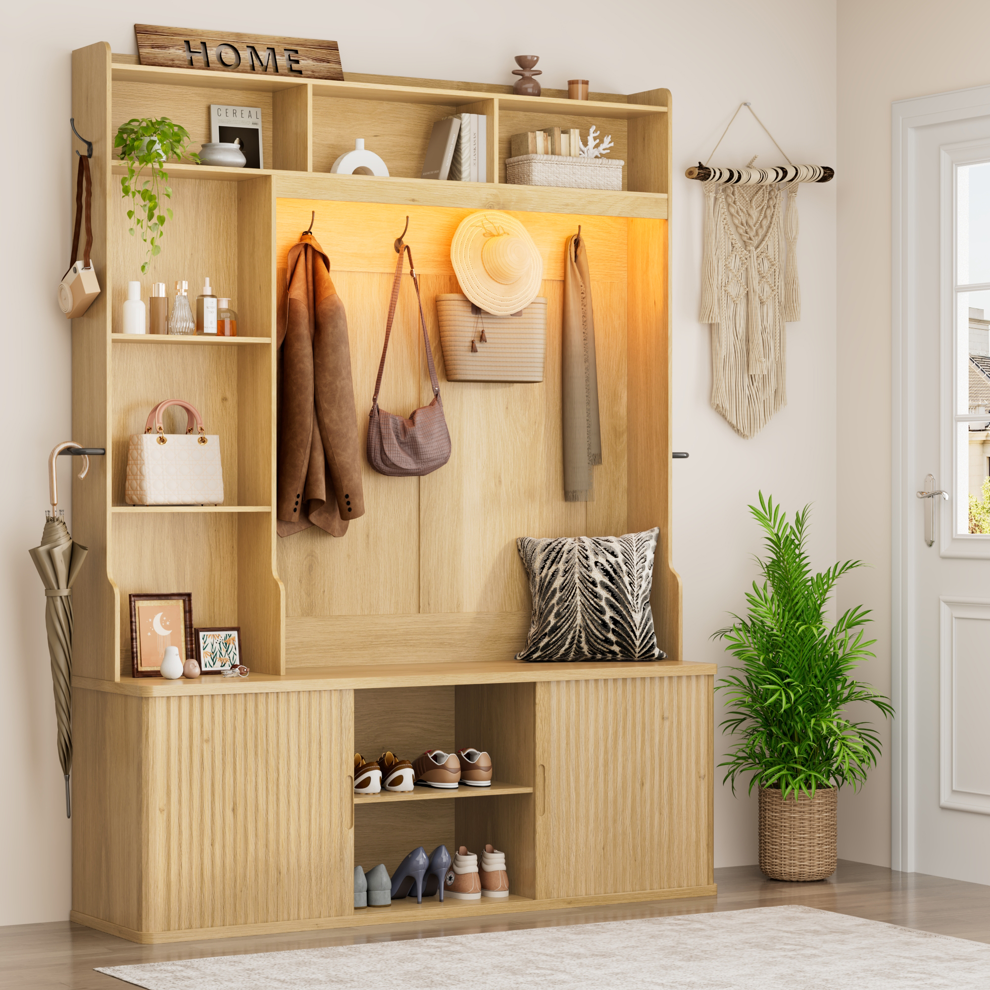 thumbnail video image 2 of Blotout 59''W Fluted Hall Tree with RGB LED Light, All-in-One Entryway Coat Rack with Shoe Storage Bench, Rounded Corner, Adjustable Shelves, 6 Hooks &2 Umbrella Racks, Freestanding Hallway Organizer, 2 of 10