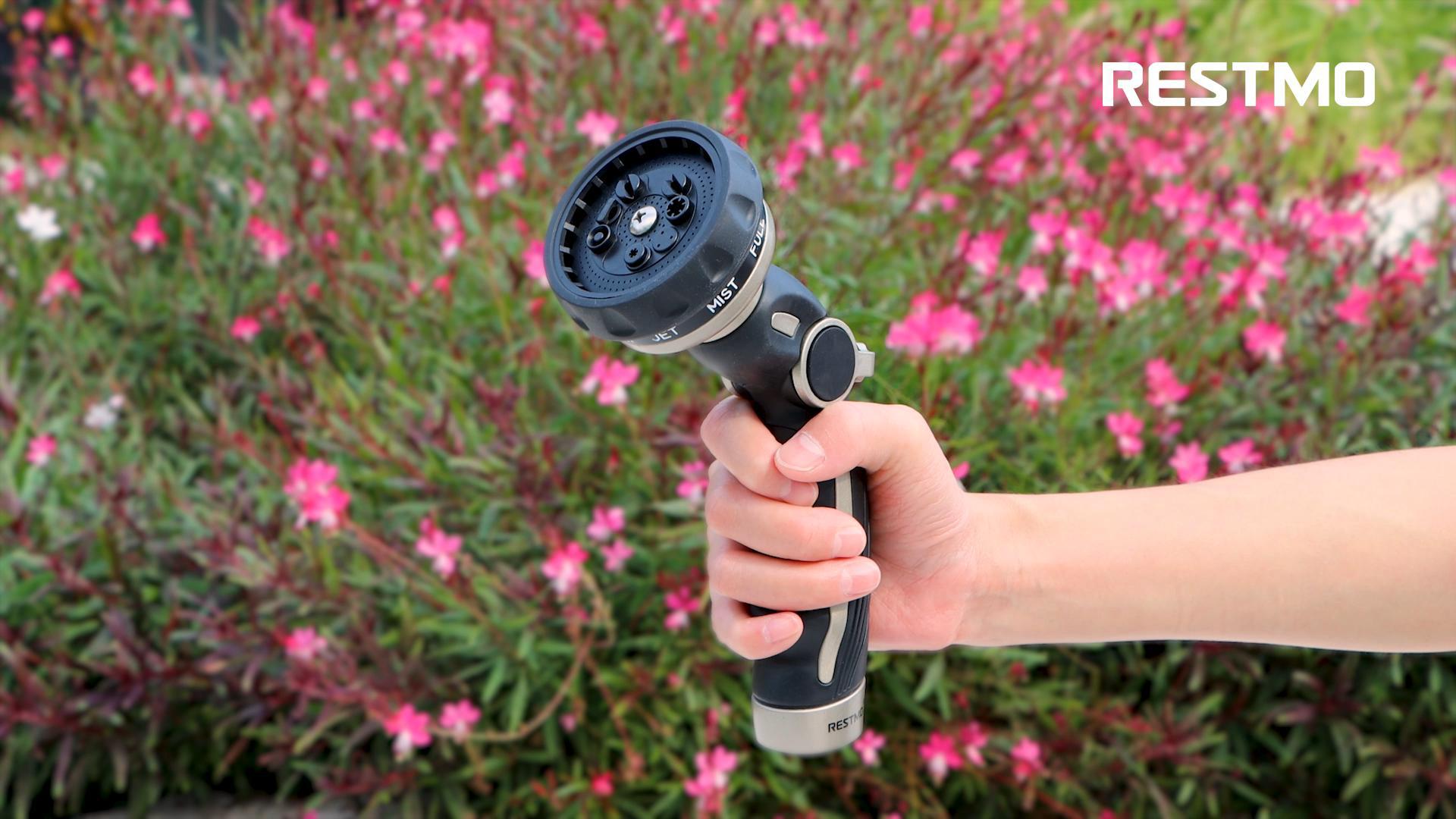 thumbnail video image 2 of Restmo Hose Nozzle Heavy Duty, Metal Water Hose Sprayer for Garden, 9 Spray Patterns | High Pressure | Thumb Flow Control | On/Off Valve, Ideal for Outdoor Lawn & Plant Watering, Car & Pet Washing, 2 of 8