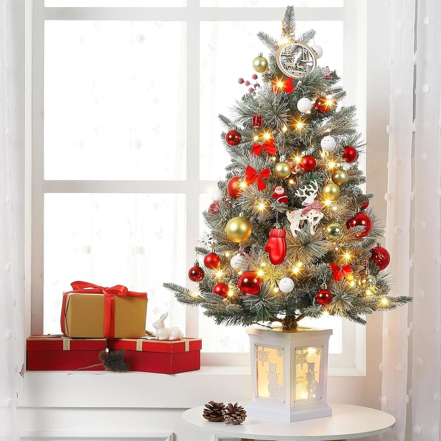 thumbnail video image 2 of IDEALHOUSE 3FT Green Artificial Pine Christmas Tree with Red Berries, 8 Modes, White Base, Holiday Decor, 2 of 8