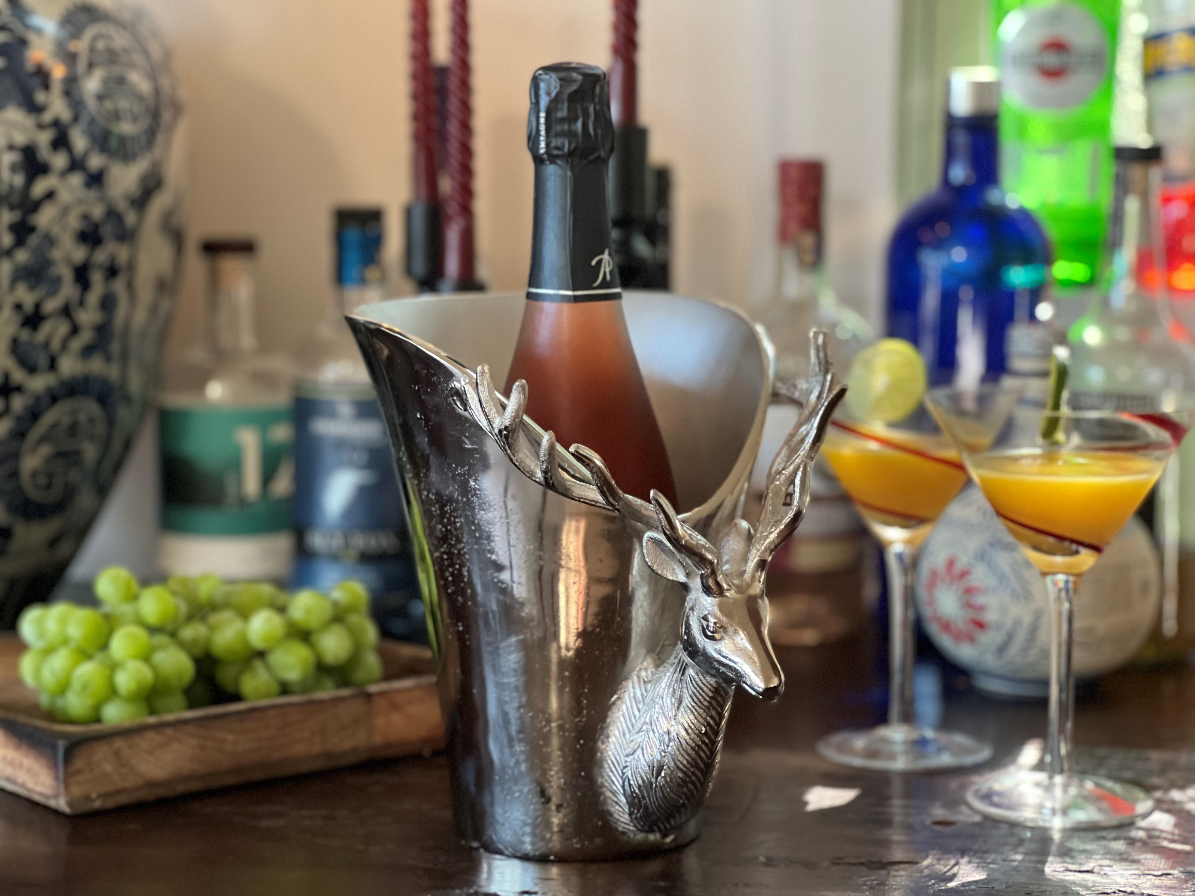 thumbnail video image 2 of Luxury Stag Head Champagne Bucket, Asymmetrical Flared Opening, Hand Cast, Silver Aluminum, Gleaming Polish, 9 Inches, 2 of 8