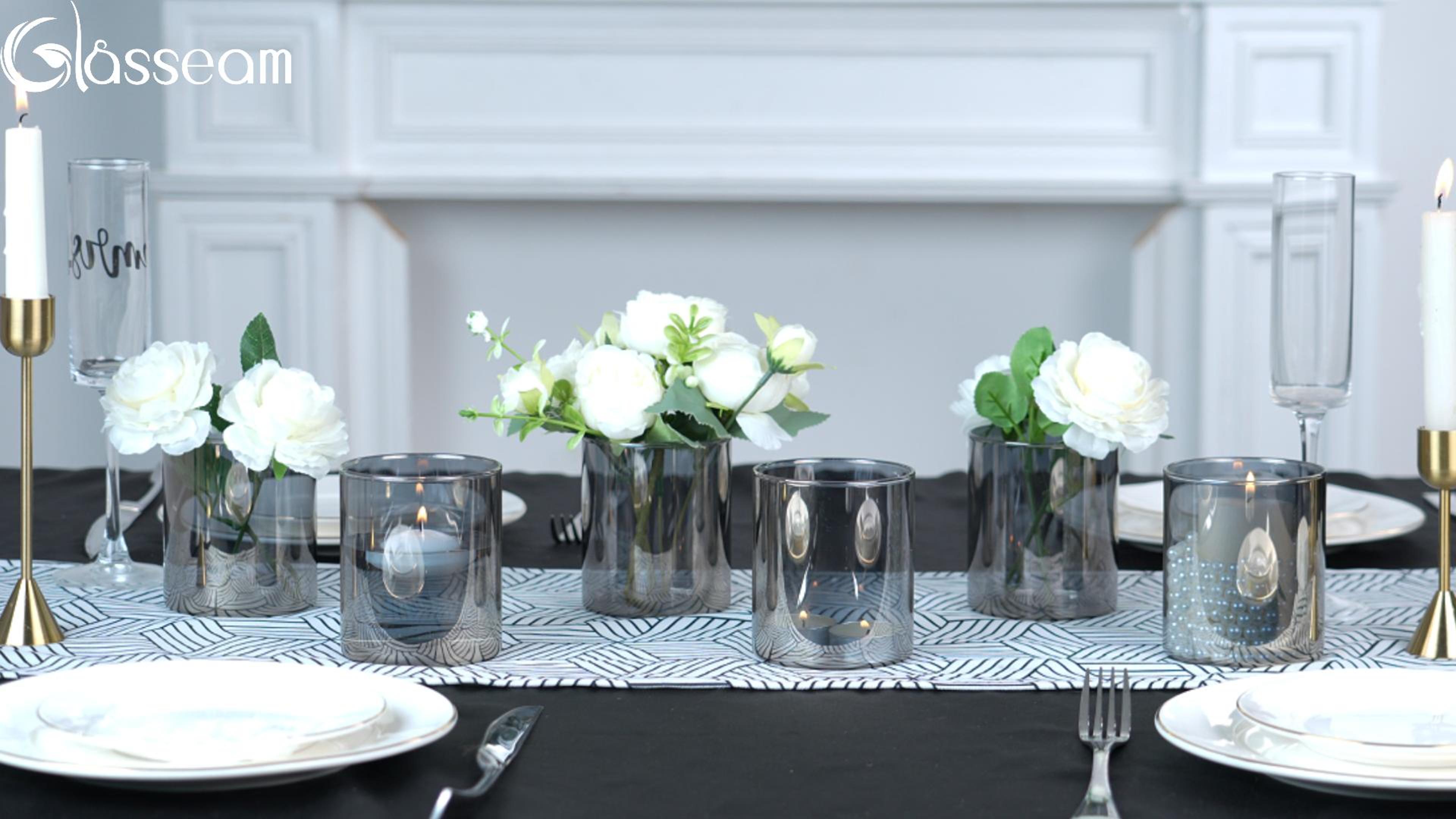 thumbnail video image 2 of Glasseam Set of 6 Gray Glass Hurricane Candle Holders: 4 Inch Cylinder Vases for Pillar and Floating Candles, Perfect for Weddings, Christmas, and Home Decor Centerpieces, 2 of 9