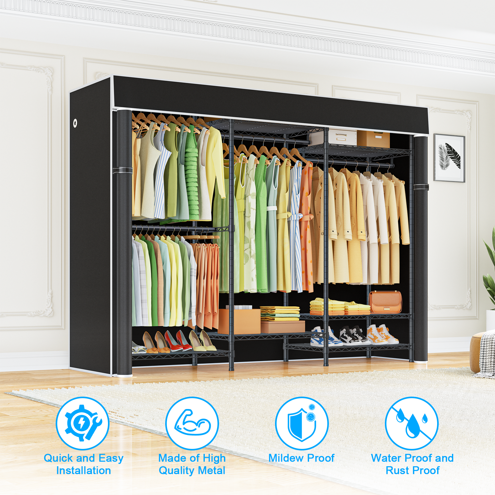 thumbnail video image 2 of Ulif E13C Heavy Duty Closet Organizer System，Freestanding Clothing Racks for Hanging Clothes，Adjustable Garment Rack 63" W x 16" D x 77" H Hold 960 lbs，Black Clothing Rack with Black Dustproof Cover, 2 of 11