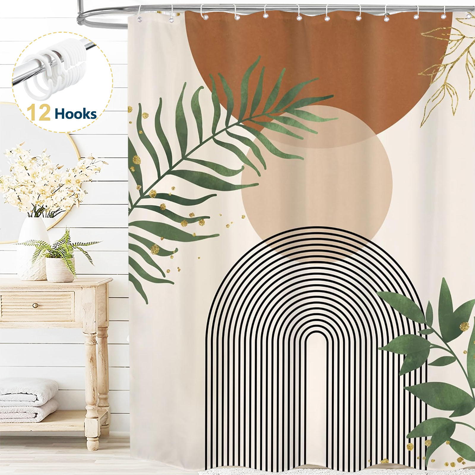 thumbnail video image 2 of Dznils Boho Shower Curtain with Hooks, Modern Abstract Fabric Bathroom Curtain, 72" x 72", Tan, 2 of 11