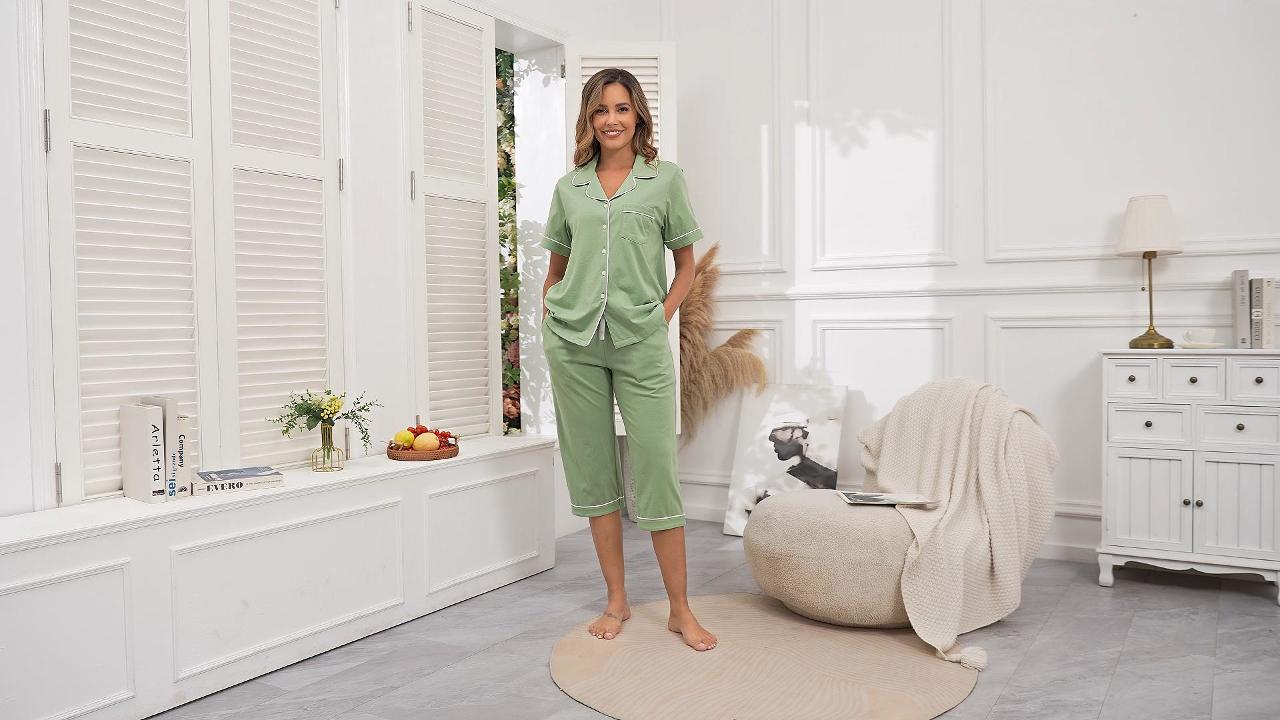 thumbnail video image 2 of ANLIQI Women's Pajama Sets 100% Cotton Summer Short Sleeve Capri Pajamas for Women Set Button Down Pjs Soft Sleepwear(Sage Green,L), 2 of 7