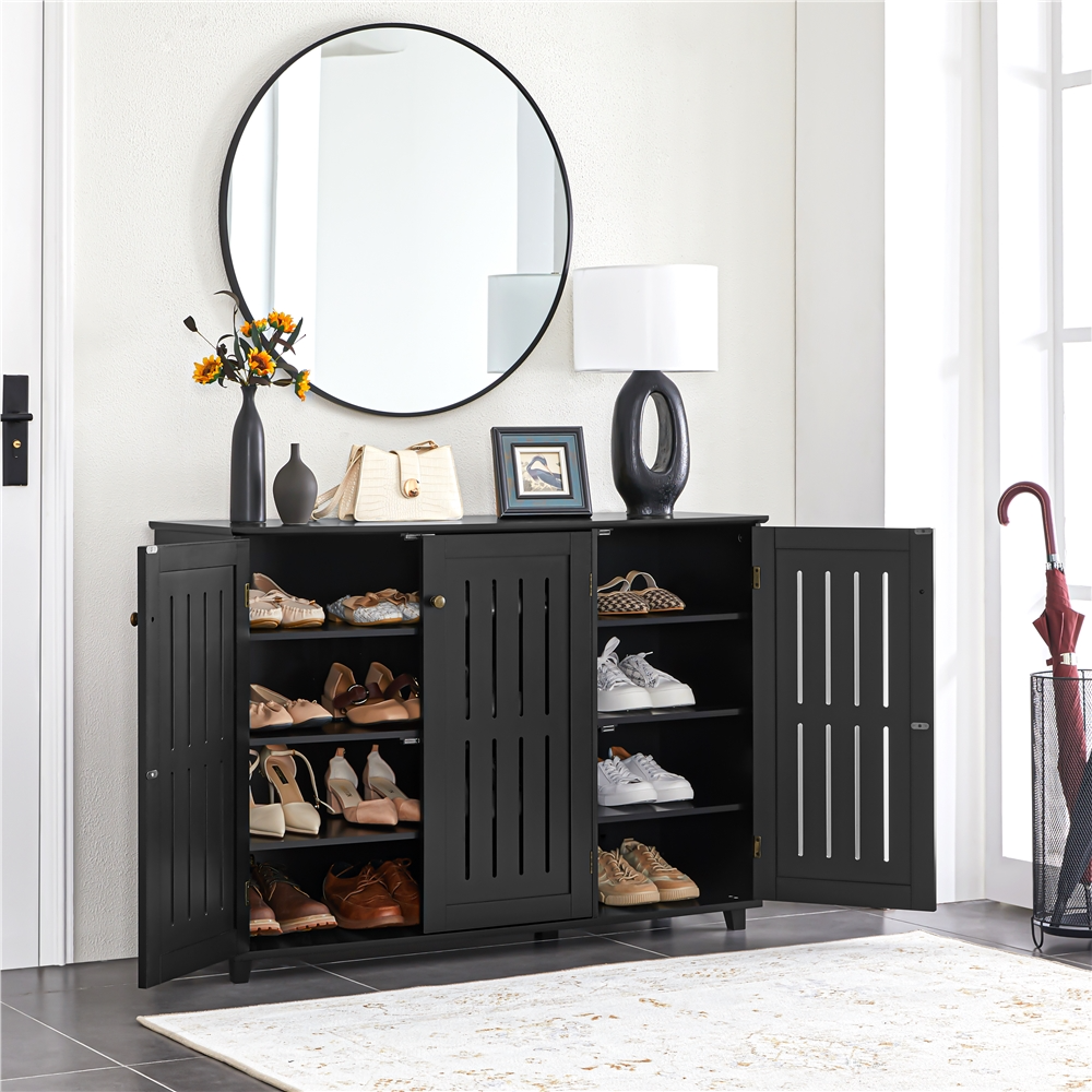 thumbnail video image 2 of Alden Design 4 Tier Wooden Shoe Storage with Louvered Door, Black, 2 of 9