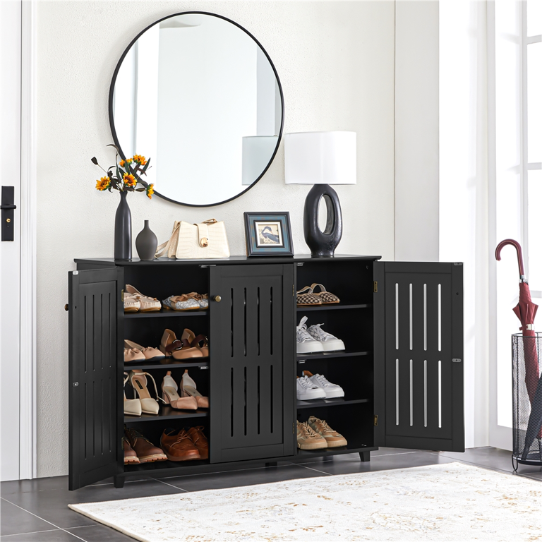 Alden Design 4 Tier Wooden Shoe Storage with Louvered Door, Black