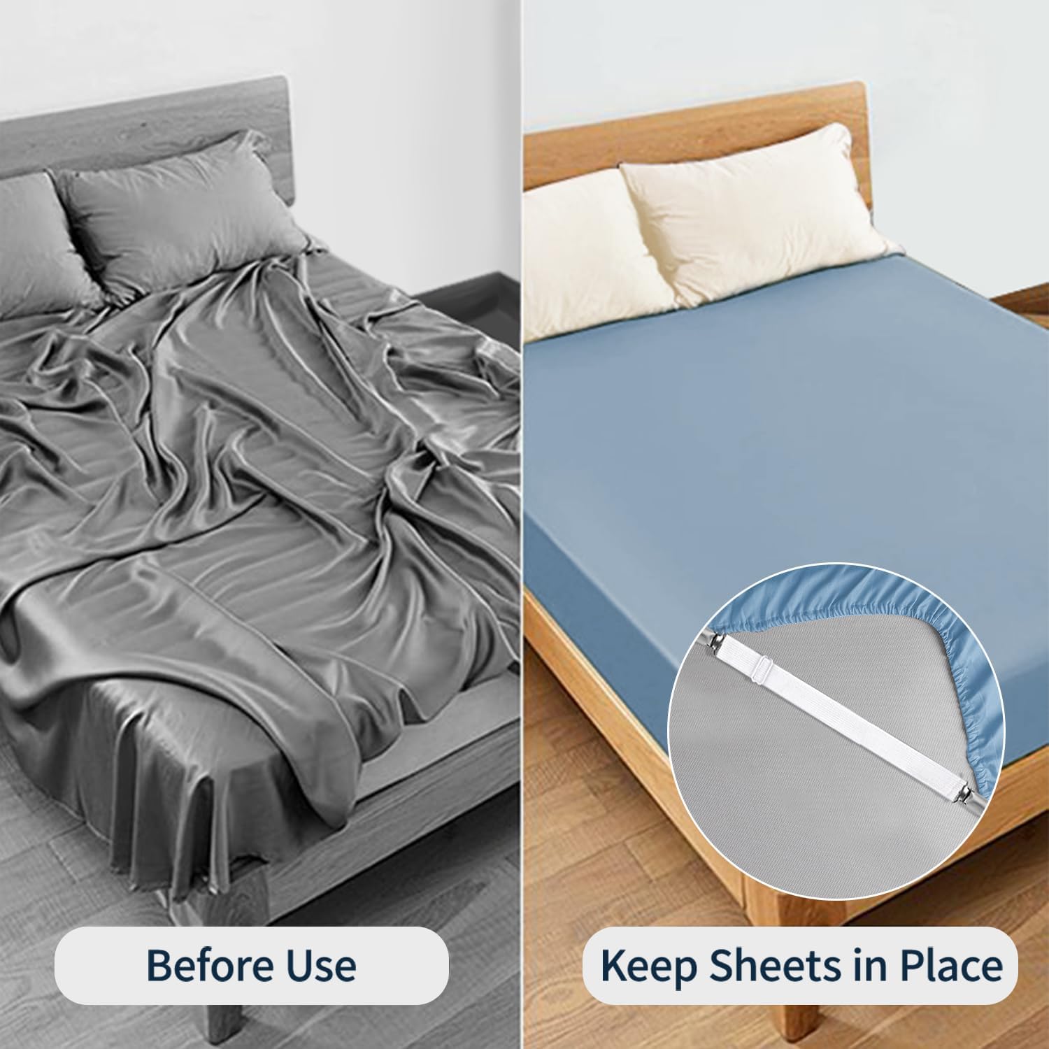 thumbnail video image 2 of Sopito Bed Sheet Fasteners, 8pcs Adjustable Max Stretches to 26.8 in Holder Straps Non Slip Straps with Clips to Keep Sheets Firm & Tight, Universal & Gray, 2 of 8