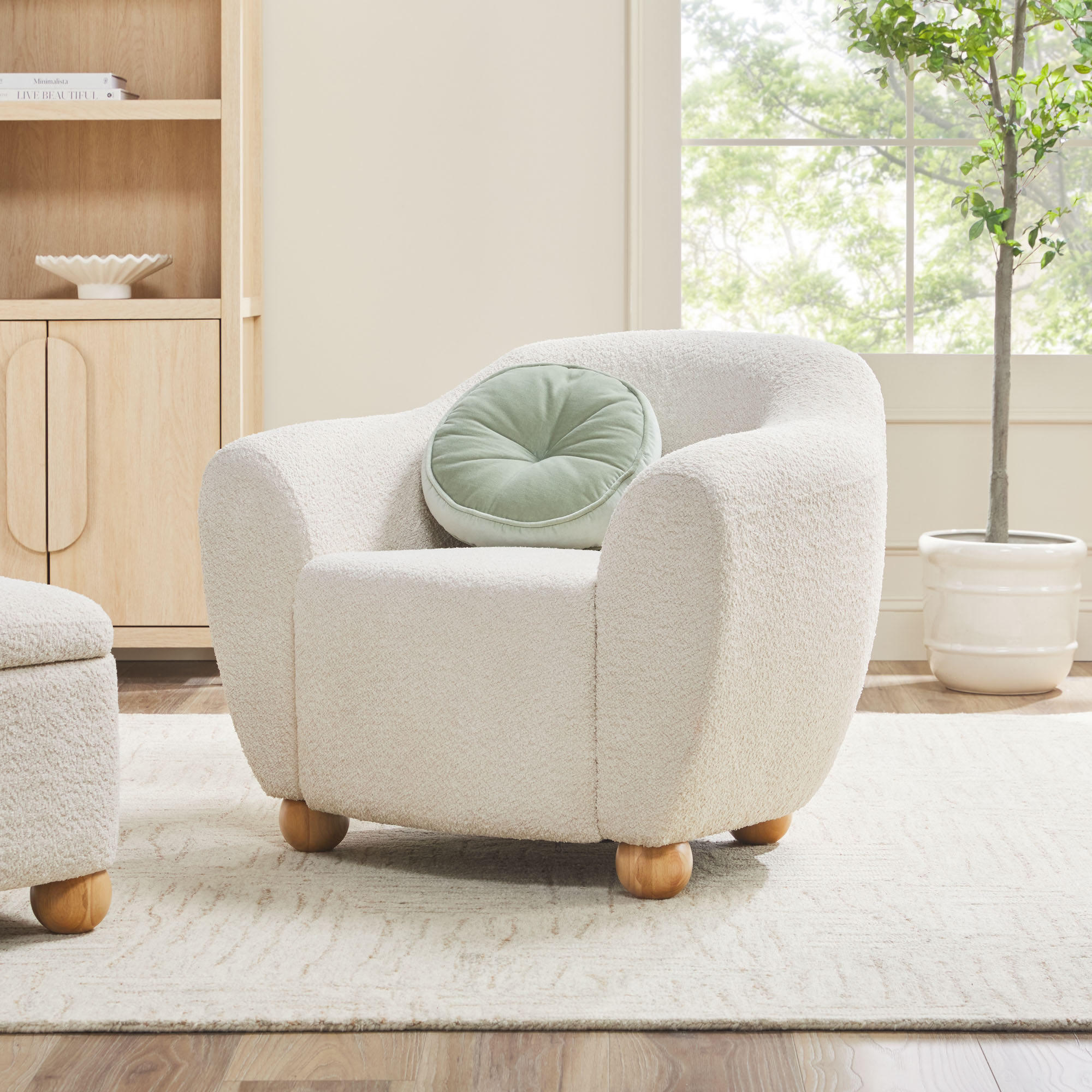 thumbnail video image 2 of Walker Edison Contemporary Easy Assembly Bouclé Accent Chair with Wood Legs, Soft Blue, 2 of 15