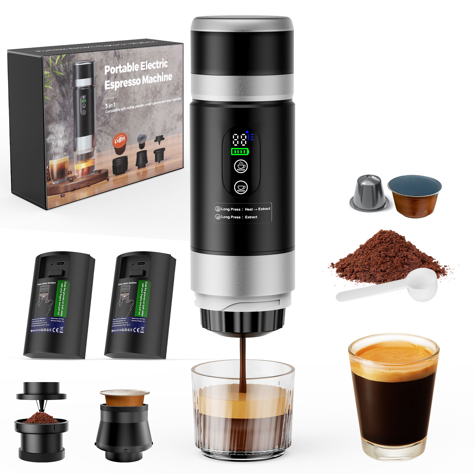 thumbnail video image 2 of Portable Coffee Maker 3-in-1, Electric Espresso Machine with 7500mAh Battery, Compatible with Ground Coffee, NS & DG Capsules, USB-C Rechargeable Portable Espresso Maker for Travel, 2 of 10