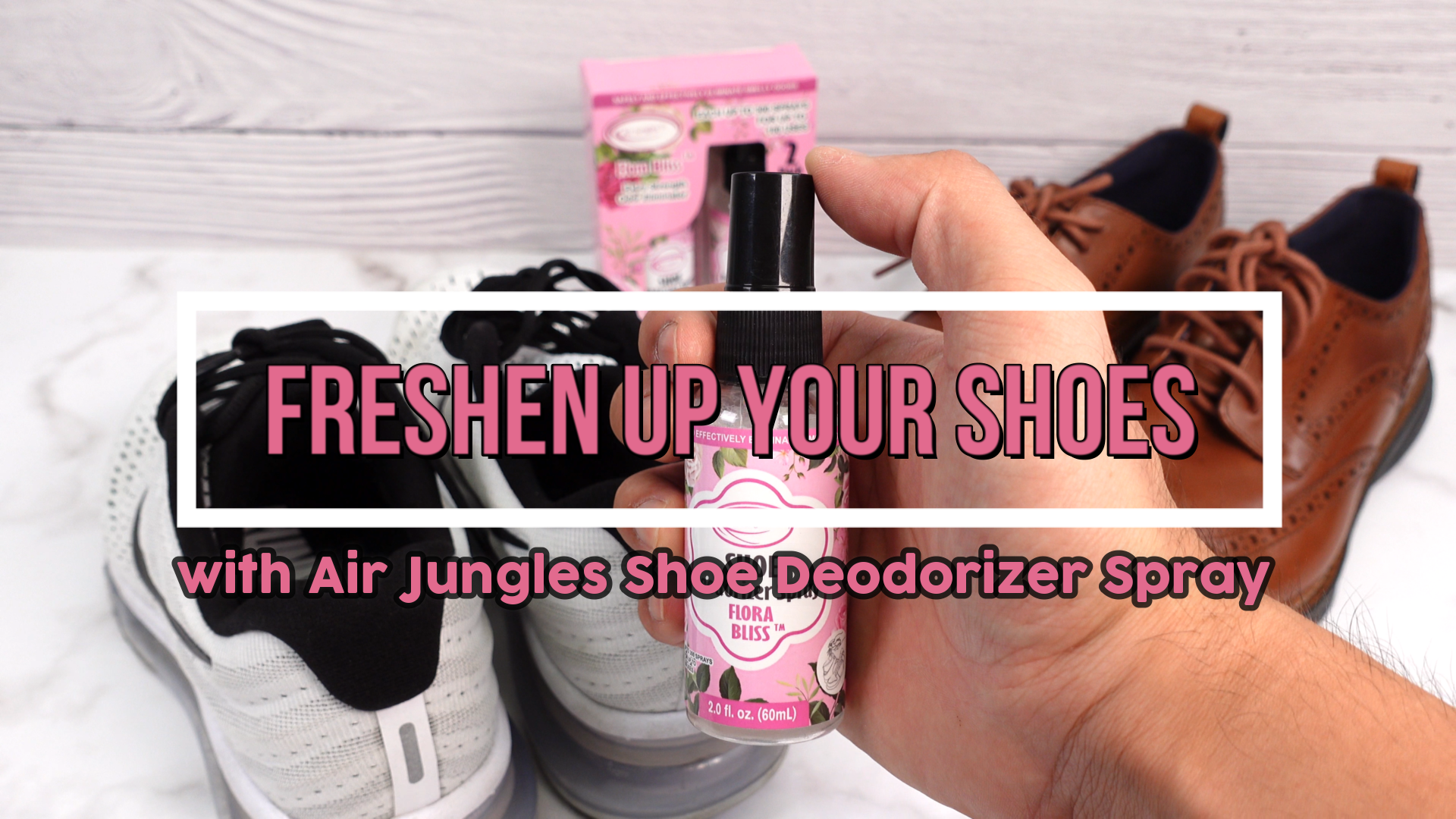 thumbnail video image 2 of Air Jungles Shoe Deodorizer Spray, Flora Bliss Scent- 2 fl oz (Pack of 2), Odor Eliminator for Sneaker, Boot, Locker and Gym Bag, Smell Remover Footwear Freshener Spray, 2 of 9