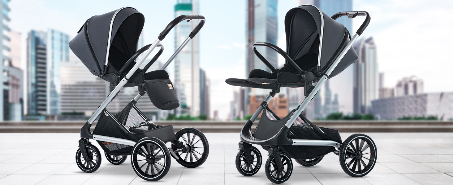 thumbnail video image 2 of Baby Stroller,Reversible Stroller,High Rise Pram,Carrie to 40lbs,Standard Pram Toddler Infant(Gray), 2 of 10