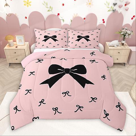 thumbnail video image 2 of Homewish Lovely Bow Knot Full Size Comforter Sets,Cartoon Heart Print Bedding Comforter Set,Pink Bowtie Bedding Sets For Girl Kids,Microfiber Bedroom Decor Reversible,3-Piece, 2 of 9