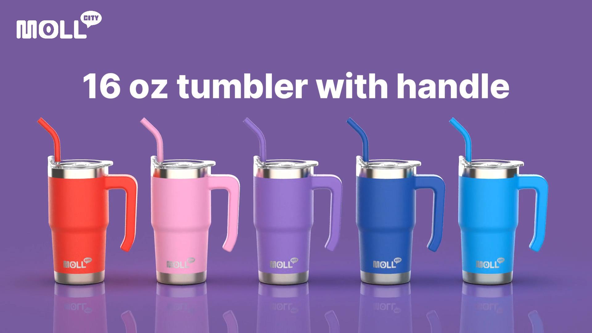 thumbnail video image 2 of 16 oz Travel Coffee Mug - Stainless Steel Vacuum Tumbler with Handle, Lid & Straw (SkyBlue), 2 of 6