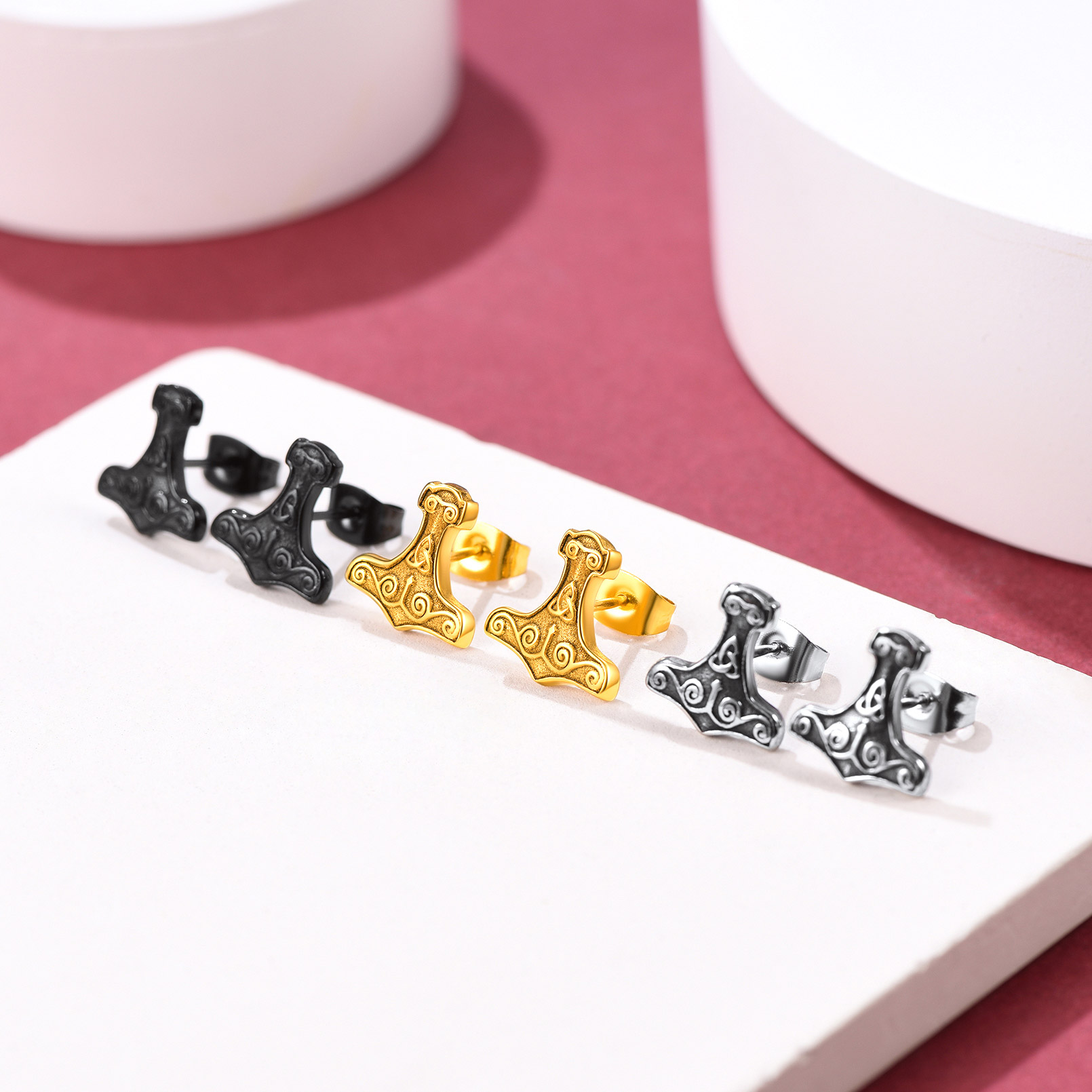 thumbnail video image 2 of FaithHeart Mjolnir Thor's Hammer Stud Earrings for Male Female Punk Black Stainless Steel Norse Viking Hypoallergenic Lightweight Ear Jewelry Gift for Dad Husband, 2 of 8