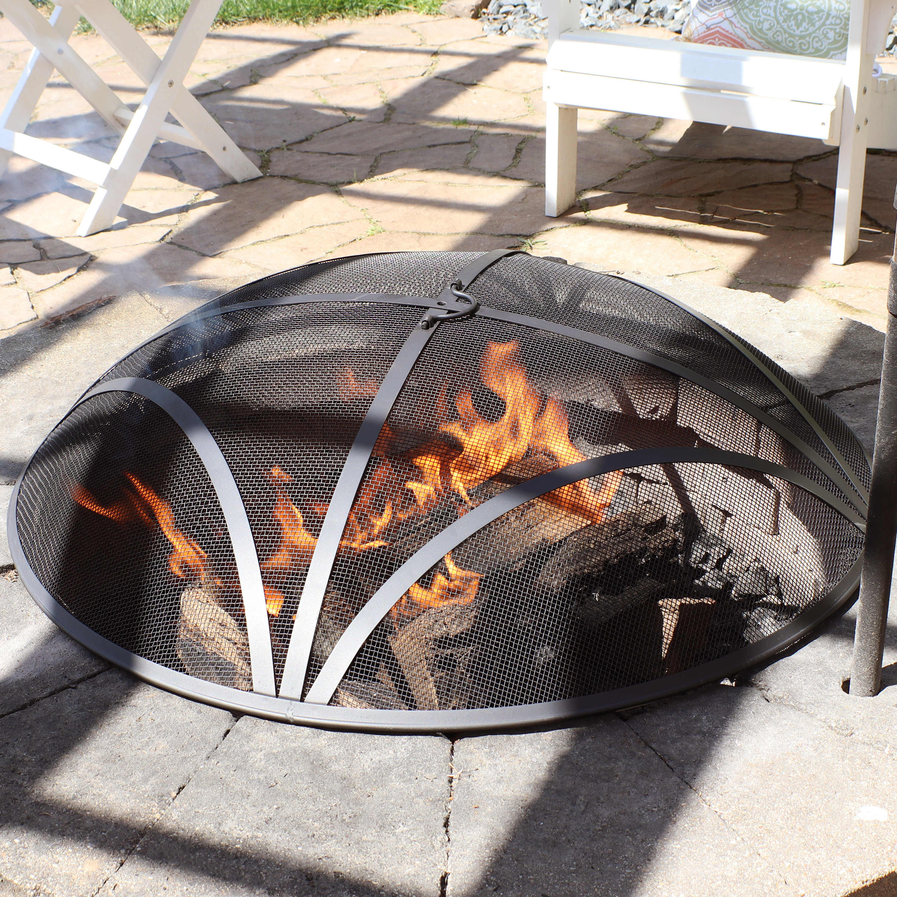 thumbnail video image 2 of Sunnydaze 24" Round Reinforced Steel Mesh Fire Pit Spark Screen with Ring Handle, 2 of 6