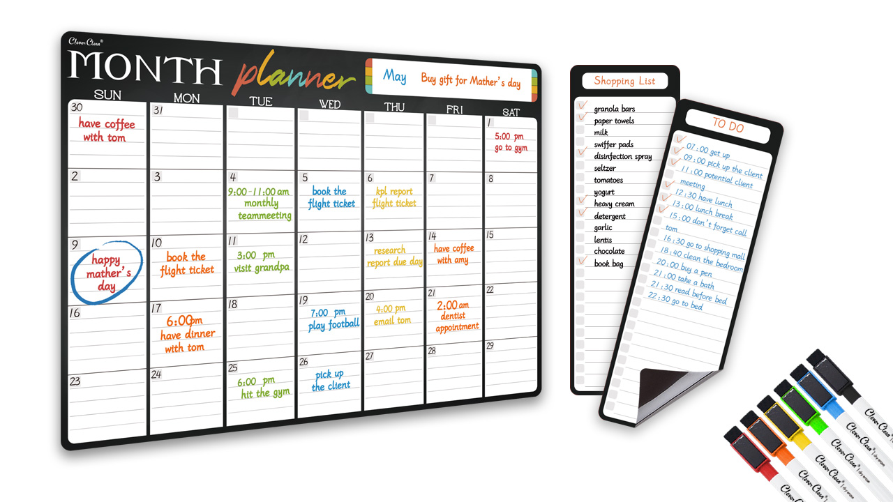 thumbnail video image 2 of CLEVER CLEAN Magnetic Dry Erase Monthly Calendar - 17"x12" Monthly Calendar for Fridge - 4"x12" List Board 2 Pcs - 6 Extra Fine Point Markers Included - Shipped Flat, 2 of 8