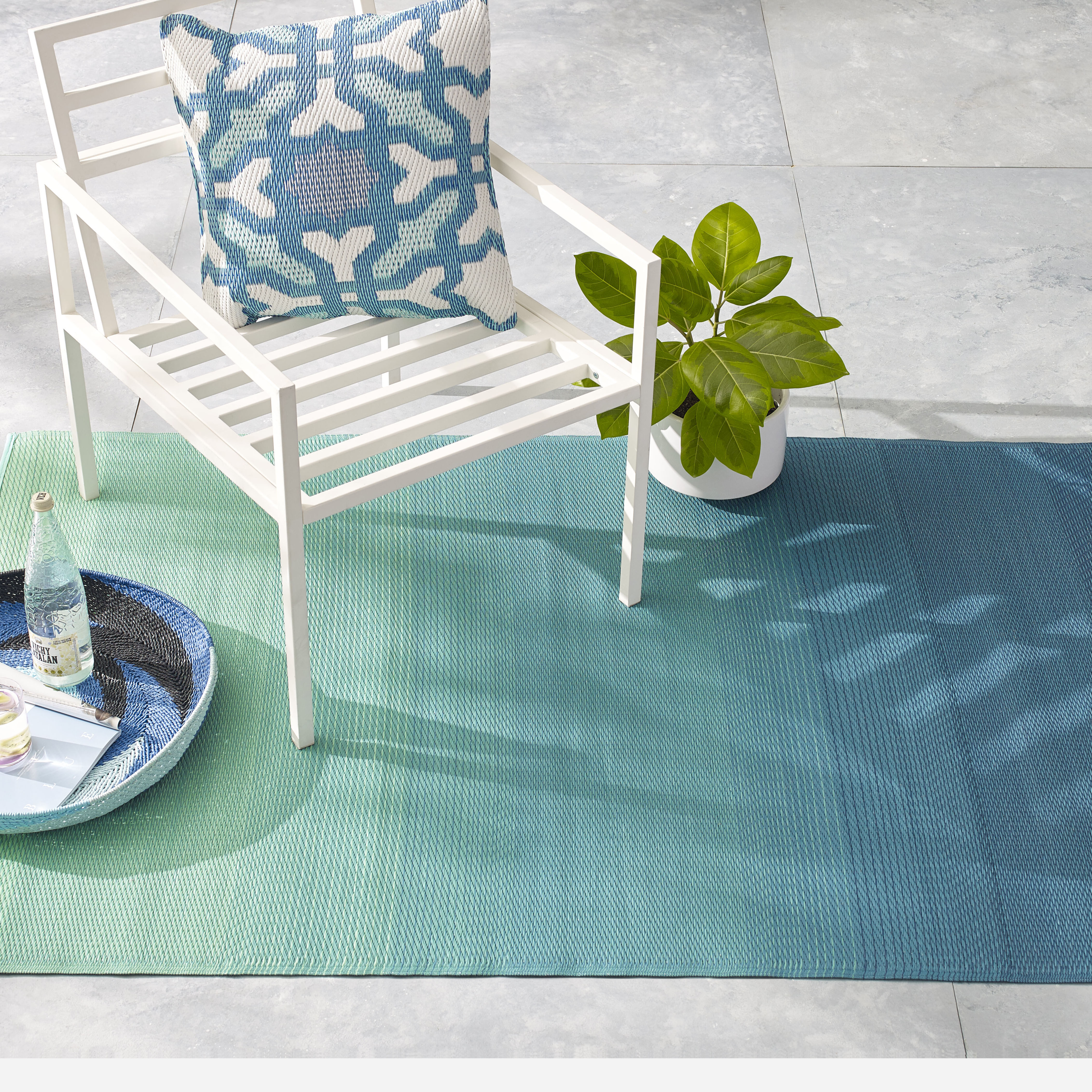 thumbnail video image 2 of Fab Habitat Outdoor Rug - Waterproof, Fade Resistant, Crease-Free - Premium Recycled Plastic - Ombre - Patio, Deck, Porch, Balcony, Laundry Room - Big Sur - Teal - 4 x 6 ft, 2 of 10