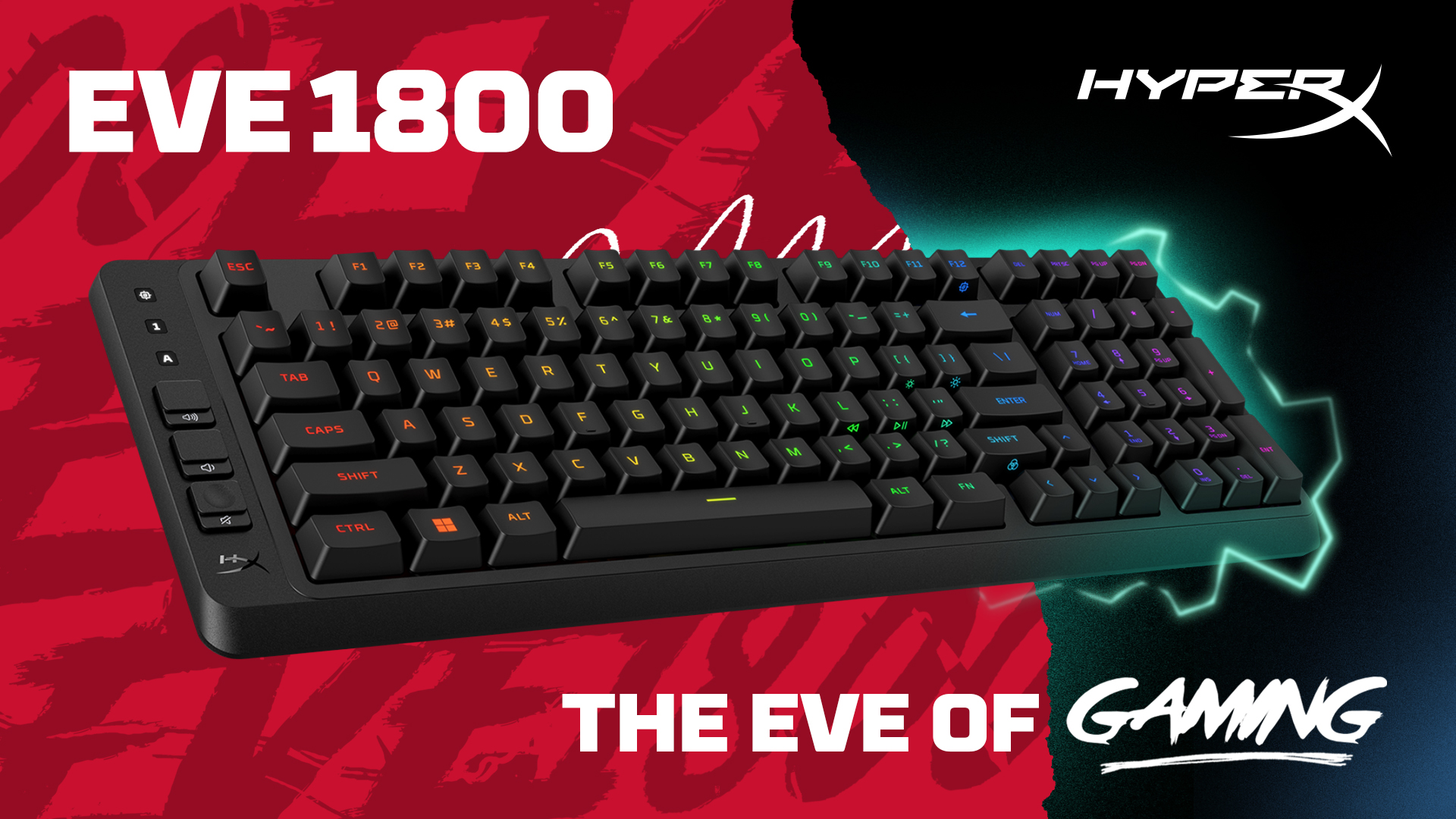 thumbnail video image 2 of HyperX Eve 1800 Gaming Keyboard, 1800 Form Factor, 10 Zone RGB, Media Buttons, Membrane Switches, 2 of 15