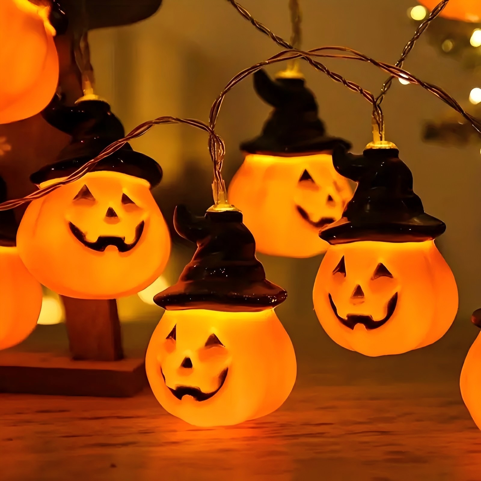 thumbnail video image 2 of LENDOUR Halloween Decoration Pumpkin String Lights 20LED, 2Modes joyful Pumpkin String Lights Wizard Hat Halloween Light String 10FT for Home Party Decor, 2 of 9