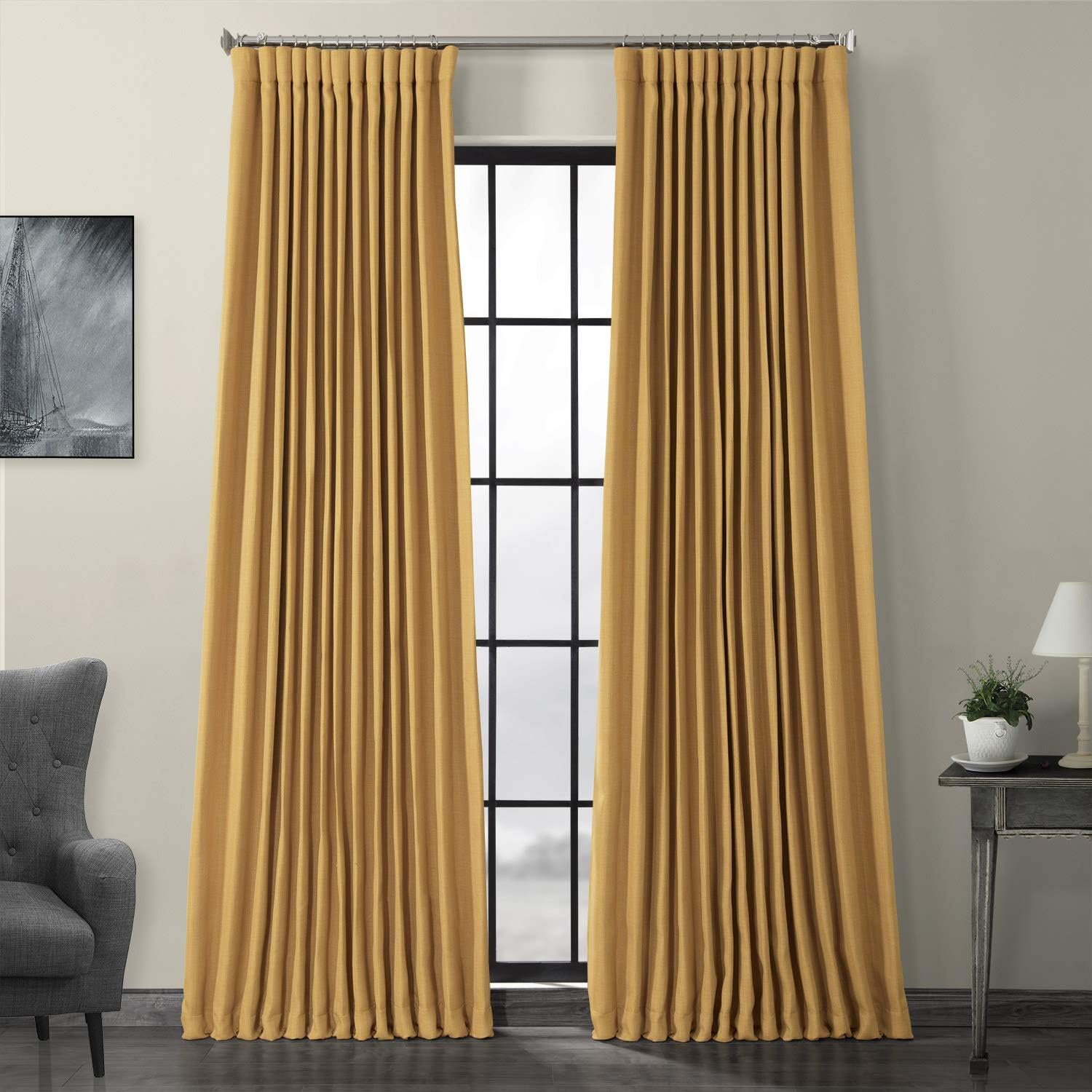 thumbnail video image 2 of HPD Half Price Drapes Dandelion Gold Extra Wide Faux Linen Room Darkening Curtains for Bedroom & Living Room Curtains (1 Panel), Window Curtains 120 inches long, 100W X 120L, 2 of 12