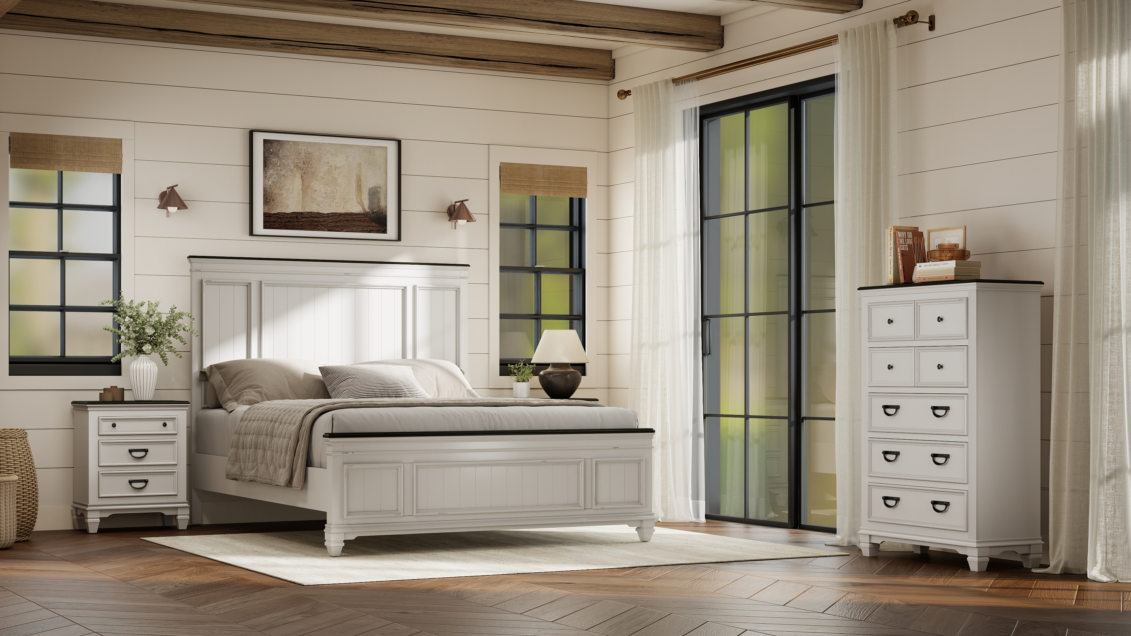 thumbnail video image 2 of Roundhill Furniture Clelane 3-Piece Wood Bedroom Set, Queen Bed and 2 Nightstands, Weathered White, 2 of 15