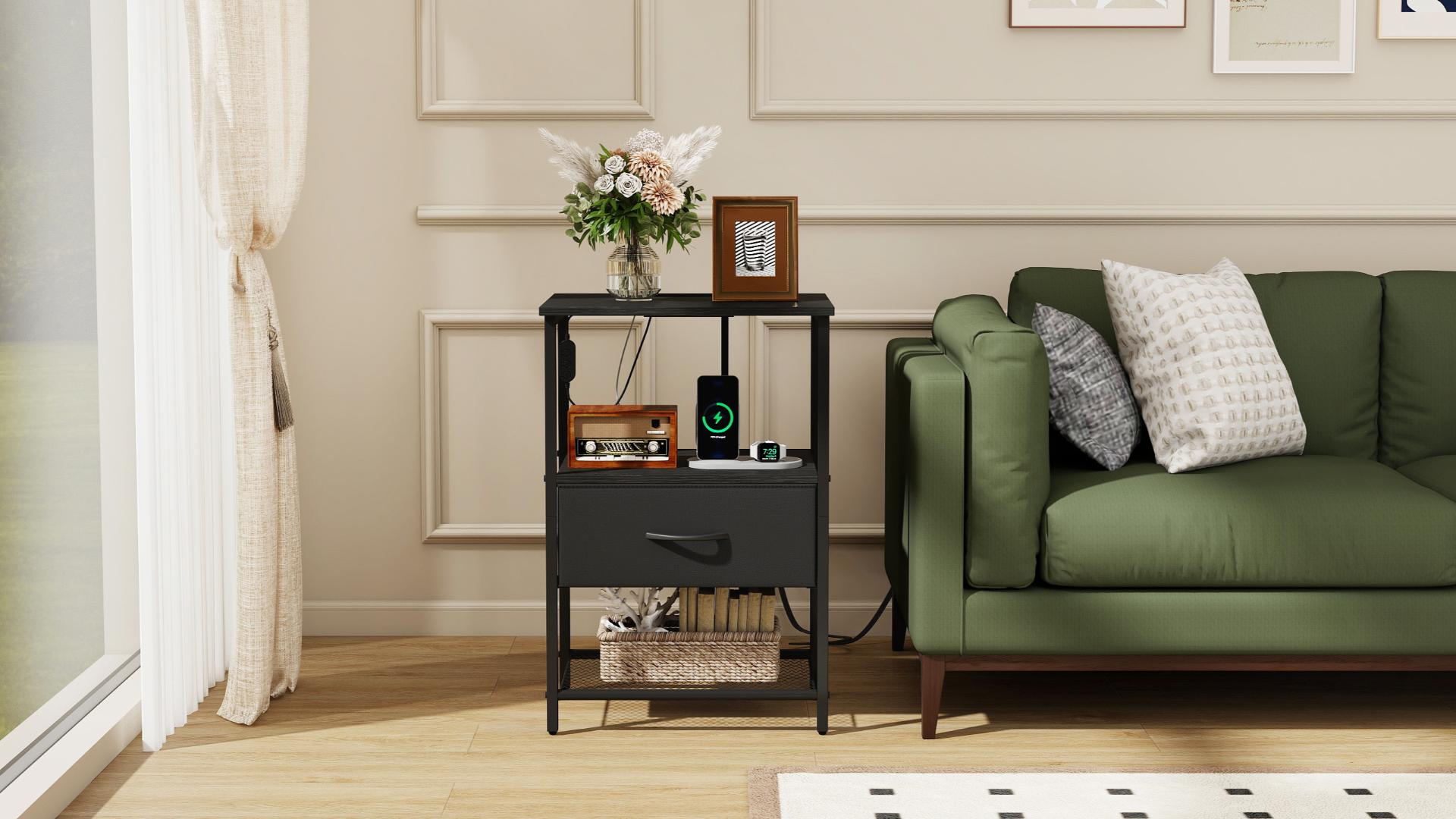 thumbnail video image 2 of Eunos Black Small Nightstand Set of 2 with Charging Station, LED and Storage Shelfs for Bedroom, Living Room, 2 of 9