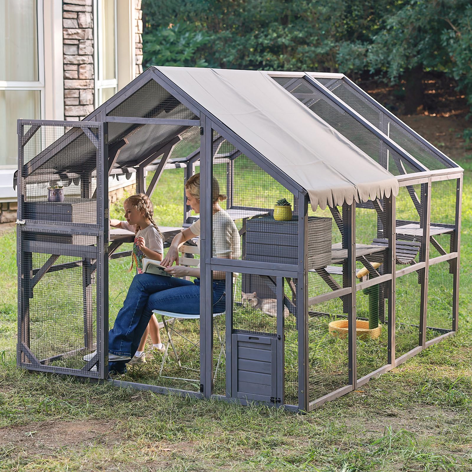 thumbnail video image 2 of Aivituvin Catio for Multiple Cats, Large 56.54ft² Outdoor Enclosure, Weatherproof w/ 2 Bridges, 7 Trails, 2 Houses, Grey, 2 of 8