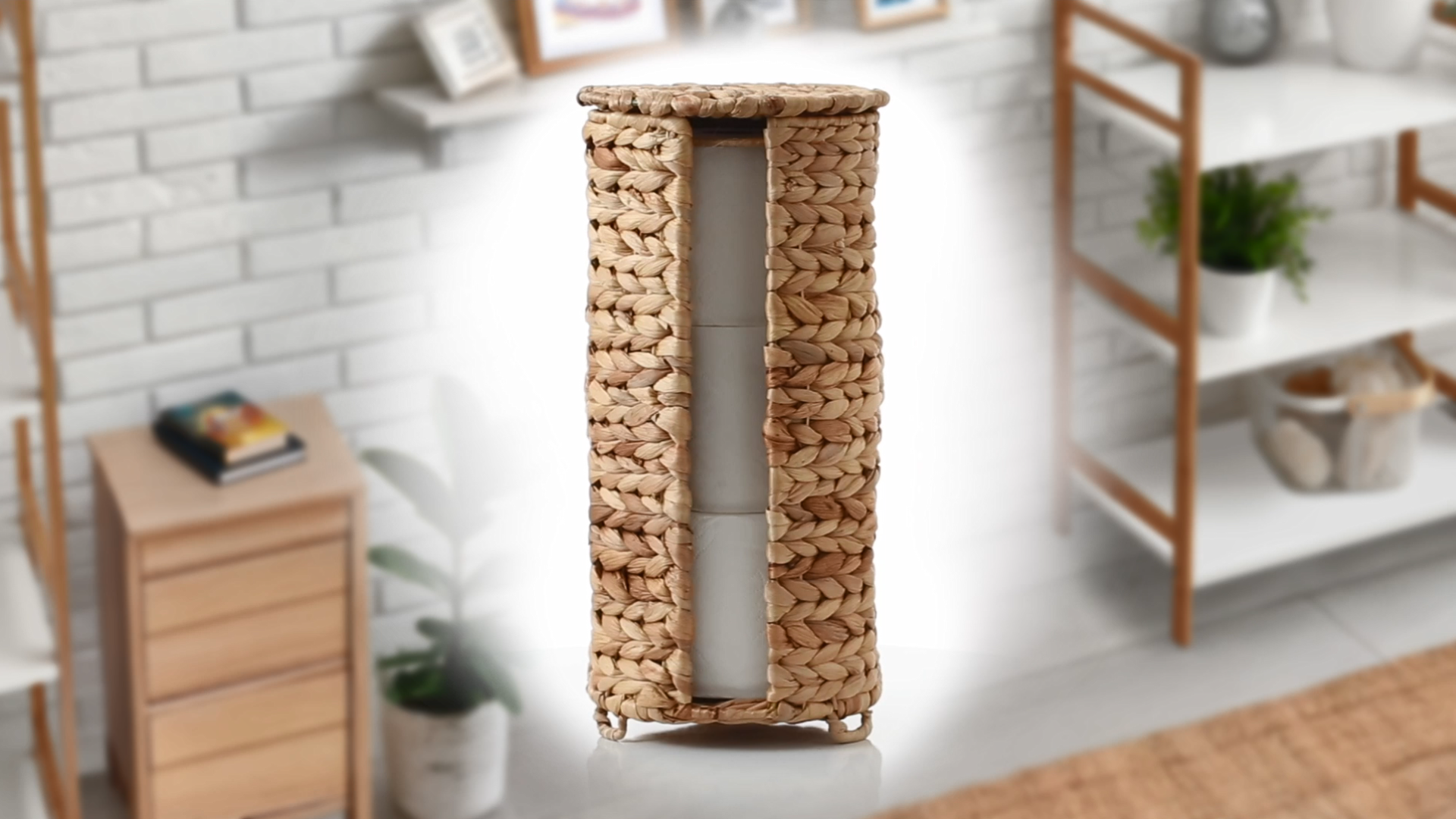 thumbnail video image 2 of Casafield Toilet Paper Roll Holder with Lid - Natural, Fits 3 Rolls, Free Standing Water Hyacinth Bath Tissue Storage Organizer for Bathroom, 2 of 8