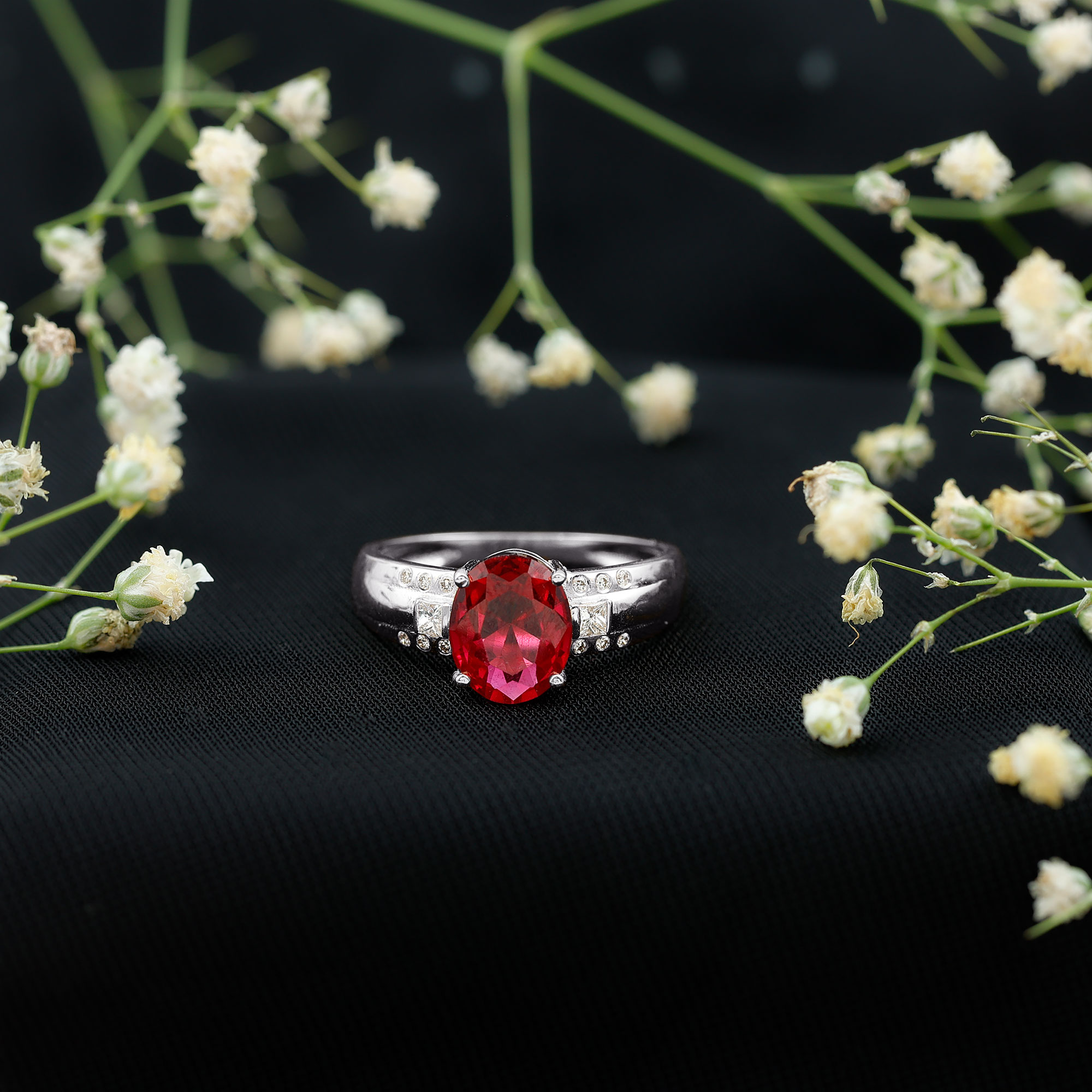 thumbnail video image 2 of Rosec Jewels Oval Shape Lab Grown Ruby Solitaire Ring with Diamond (8X10 MM, AAAA Grade), 925 Sterling Silver, US 4.00, 2 of 9