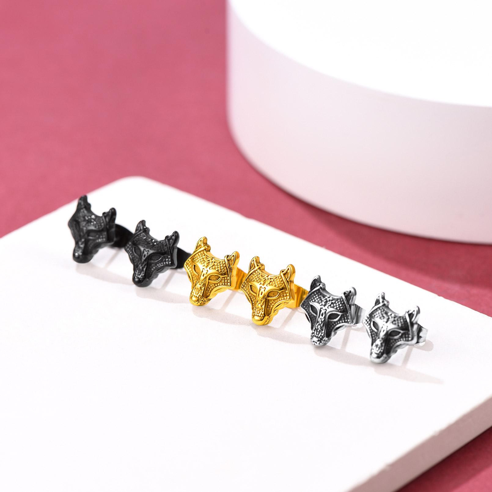 thumbnail video image 2 of FaithHeart Nordic Viking Wolf Head Stud Earrings for Men Women Celtic Knot Gold Plated Stainless Steel Gothic Punk Hypoallergenic Lightweight Boyfriend Valentines Jewelry Gift, 2 of 10