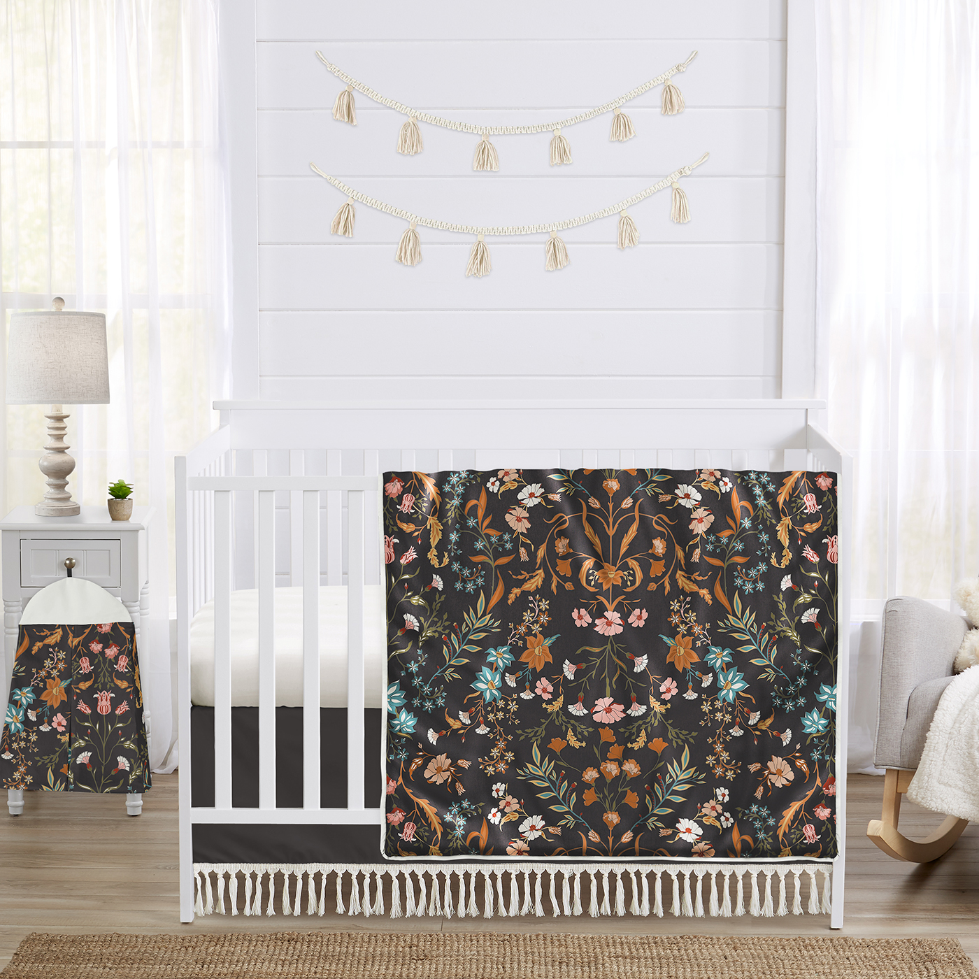 thumbnail video image 2 of Boho Floral Wildflower Black and Orange Semi-Sheer Rod Pocket Curtain Panels (Set of 2) Girl by Sweet Jojo Designs, 2 of 6